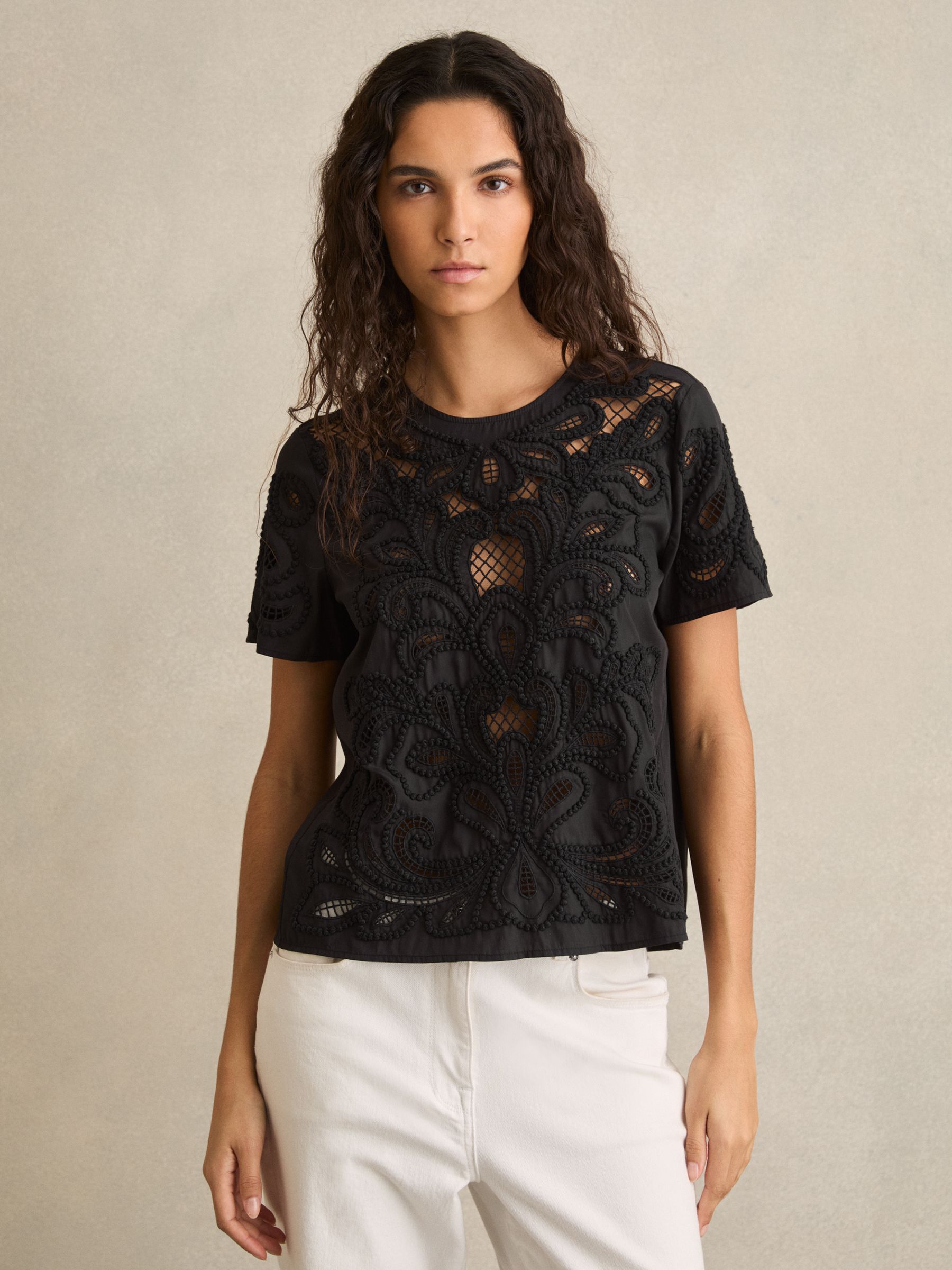 Floral Cut-Out Embroidery Top in Black - Image 4 of 6