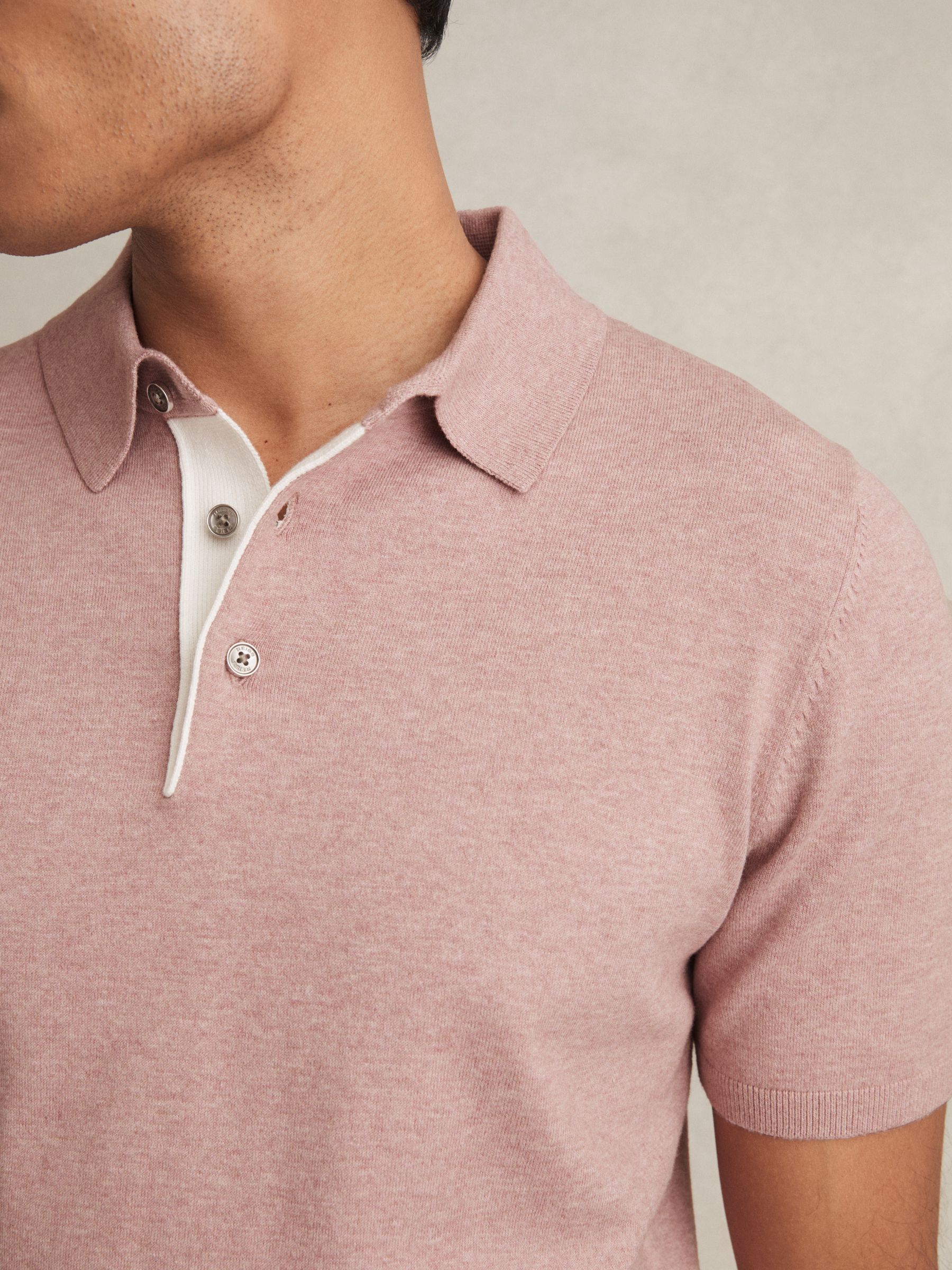 Contrast Placket Polo Shirt With Cotton in Soft Pink - Image 4 of 6
