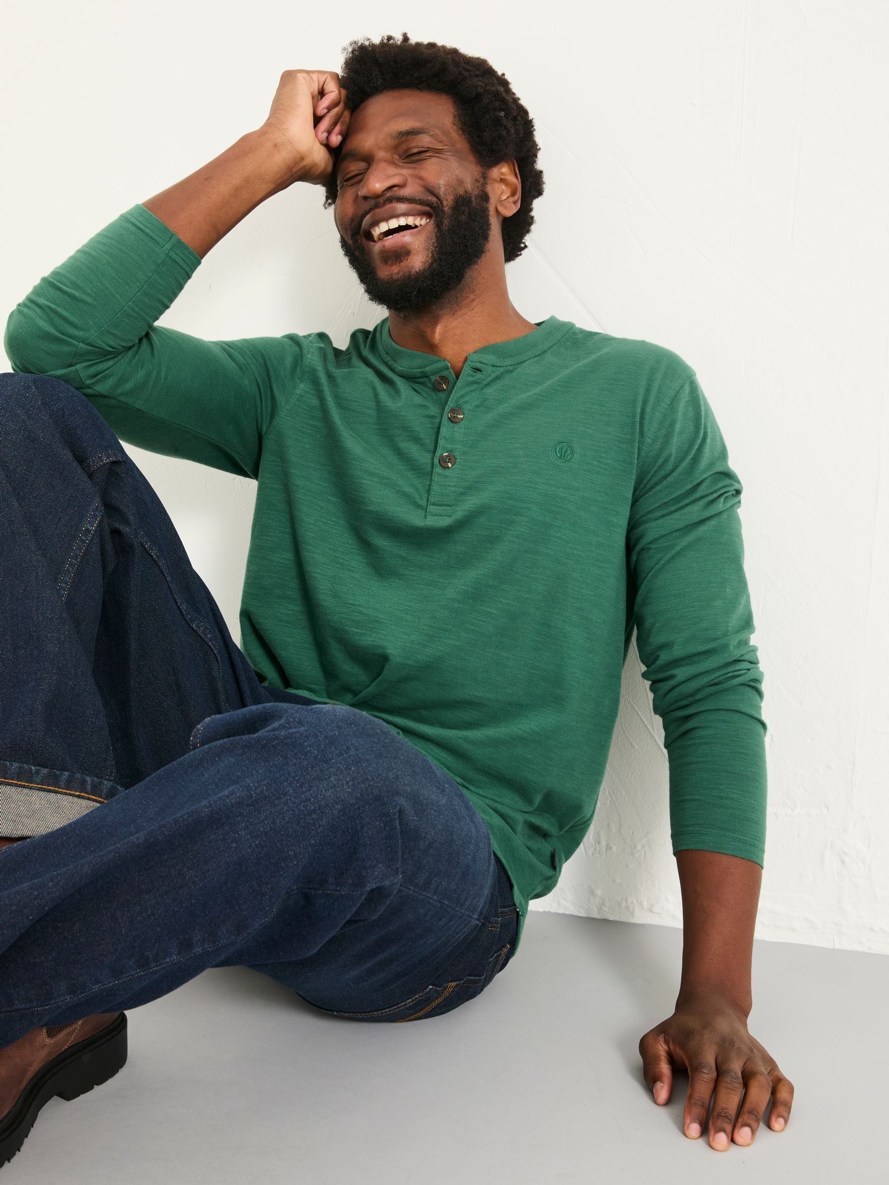Henley Emerald Green Long Sleeve Woodside Slub | FatFace USA