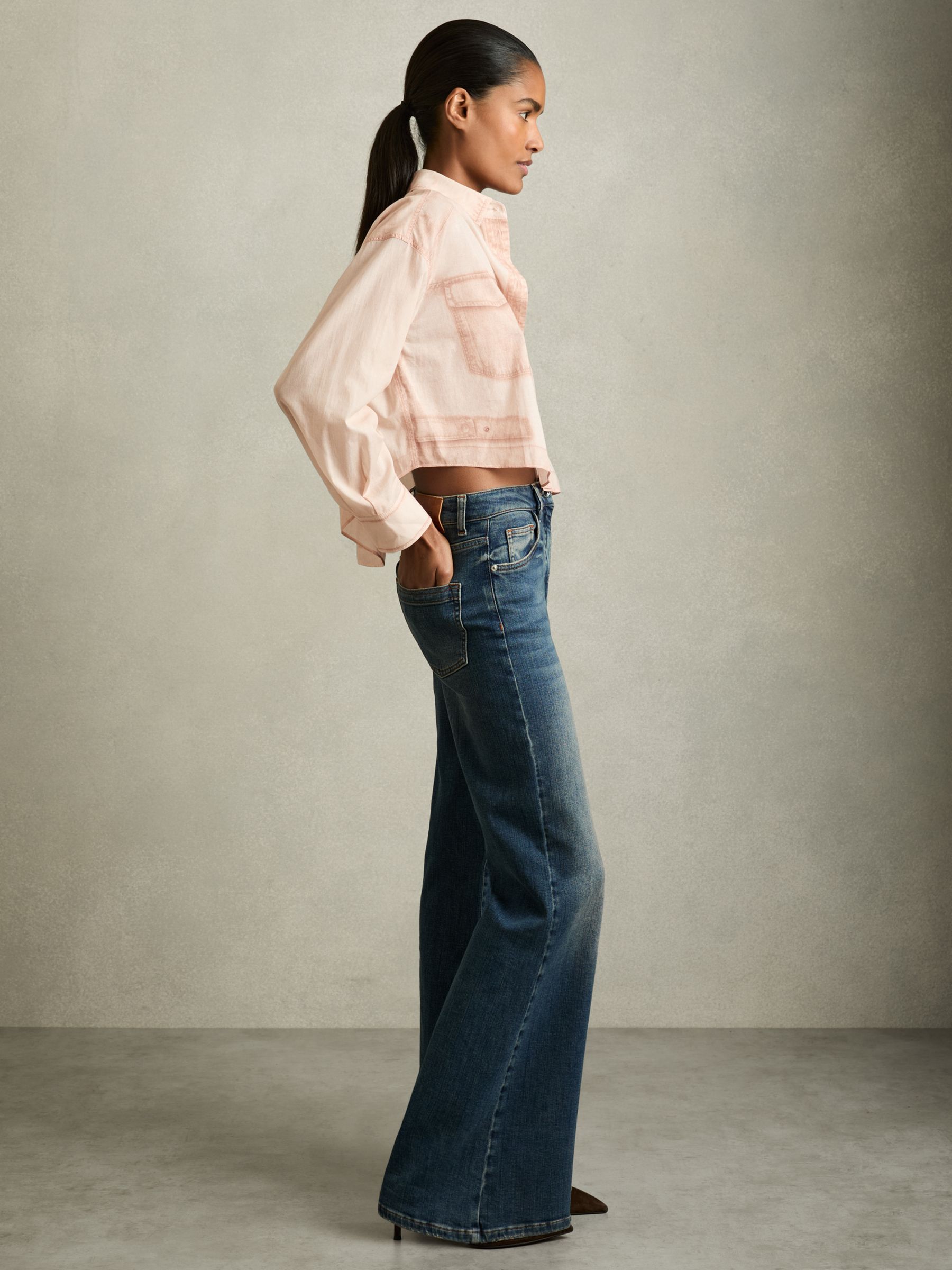 Cotton Denim-Print Cropped Shirt in Pale Pink - image 3
