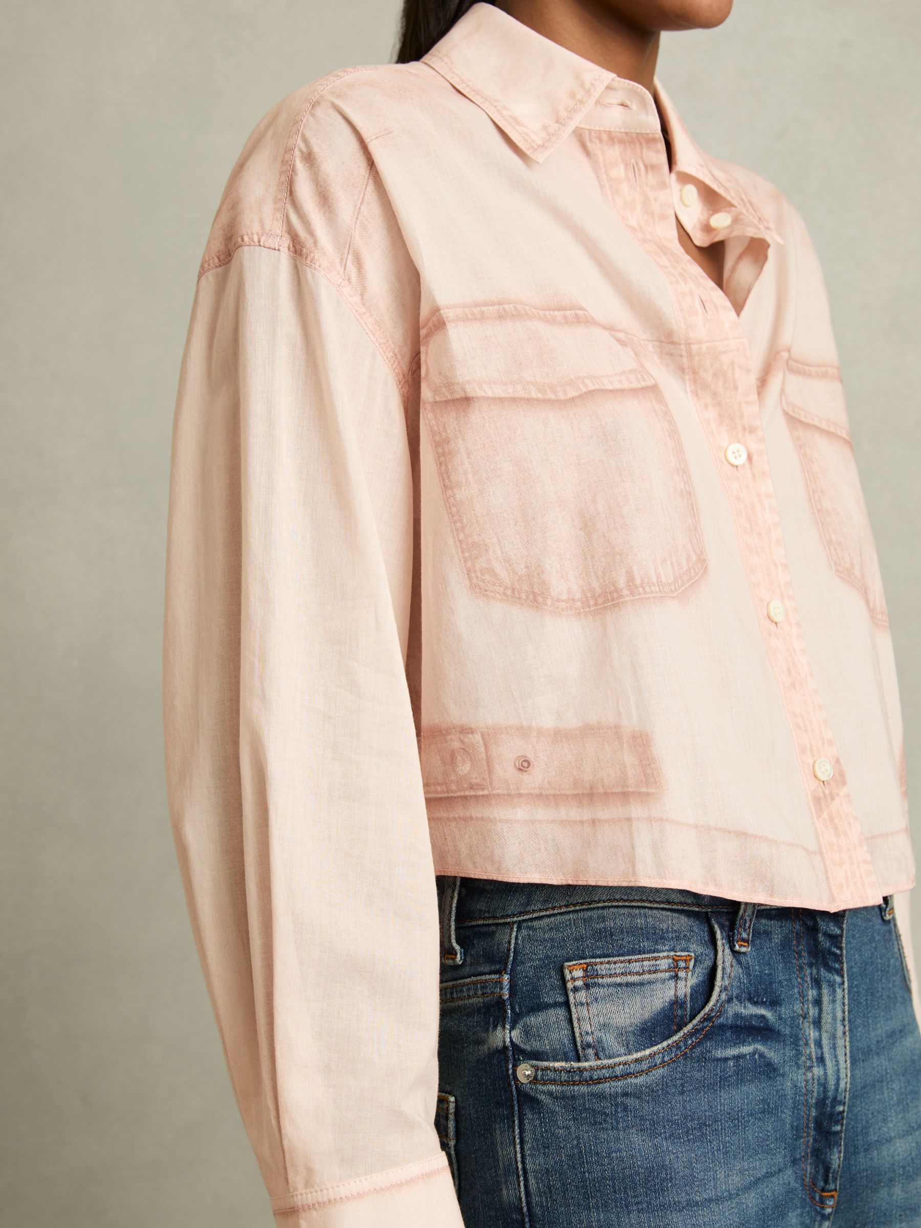 Cotton Denim-Print Cropped Shirt in Pale Pink - image 4