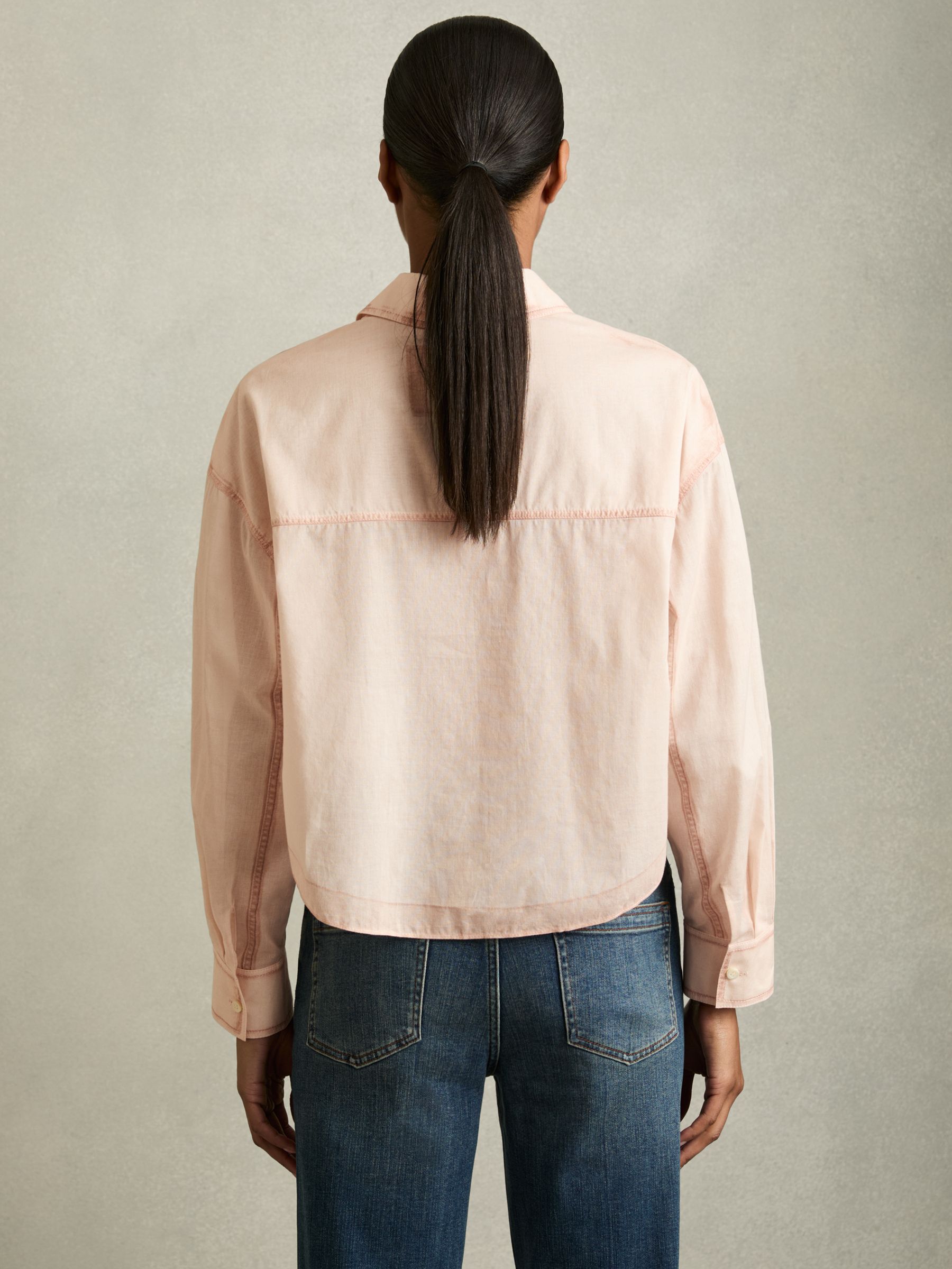 Cotton Denim-Print Cropped Shirt in Pale Pink - image 5