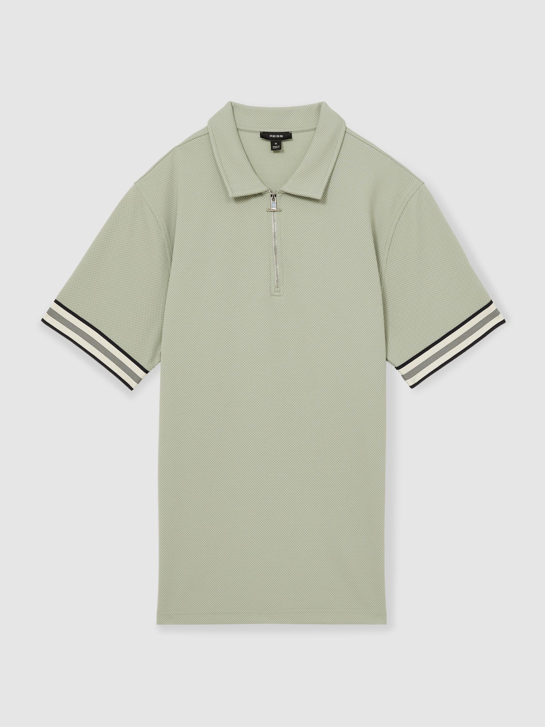 Textured Contrast Trim Half-Zip Polo Shirt in Sage Green - Image 3 of 6