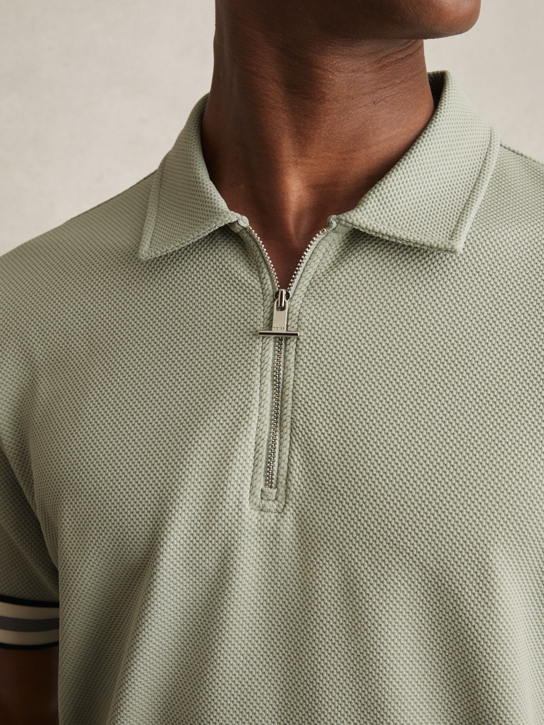 Textured Contrast Trim Half-Zip Polo Shirt in Sage Green - Image 5 of 6