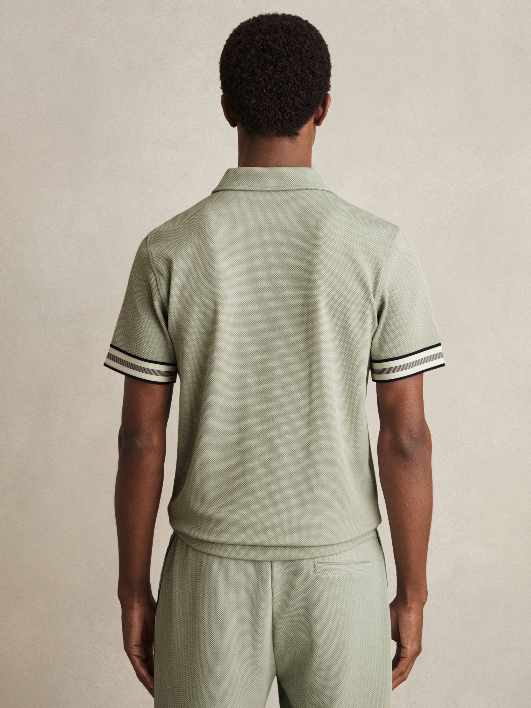 Textured Contrast Trim Half-Zip Polo Shirt in Sage Green - Image 6 of 6
