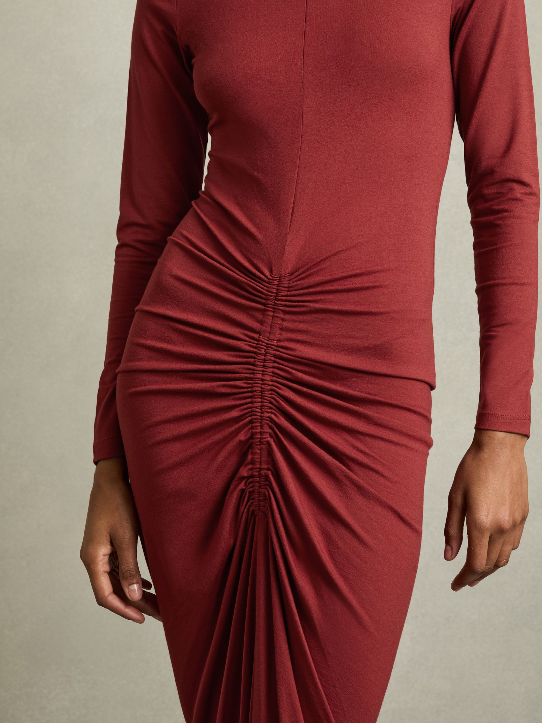 Ruched Jersey Midi Dress in Burgundy - Image 3 of 6