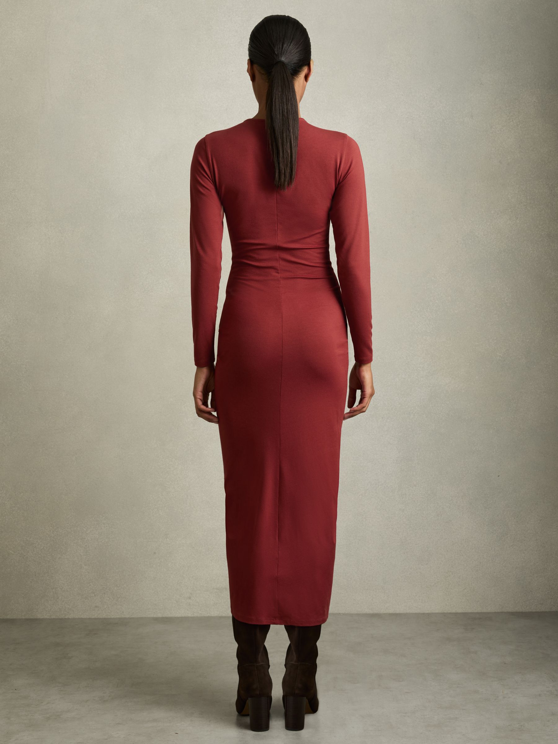 Ruched Jersey Midi Dress in Burgundy - Image 4 of 6