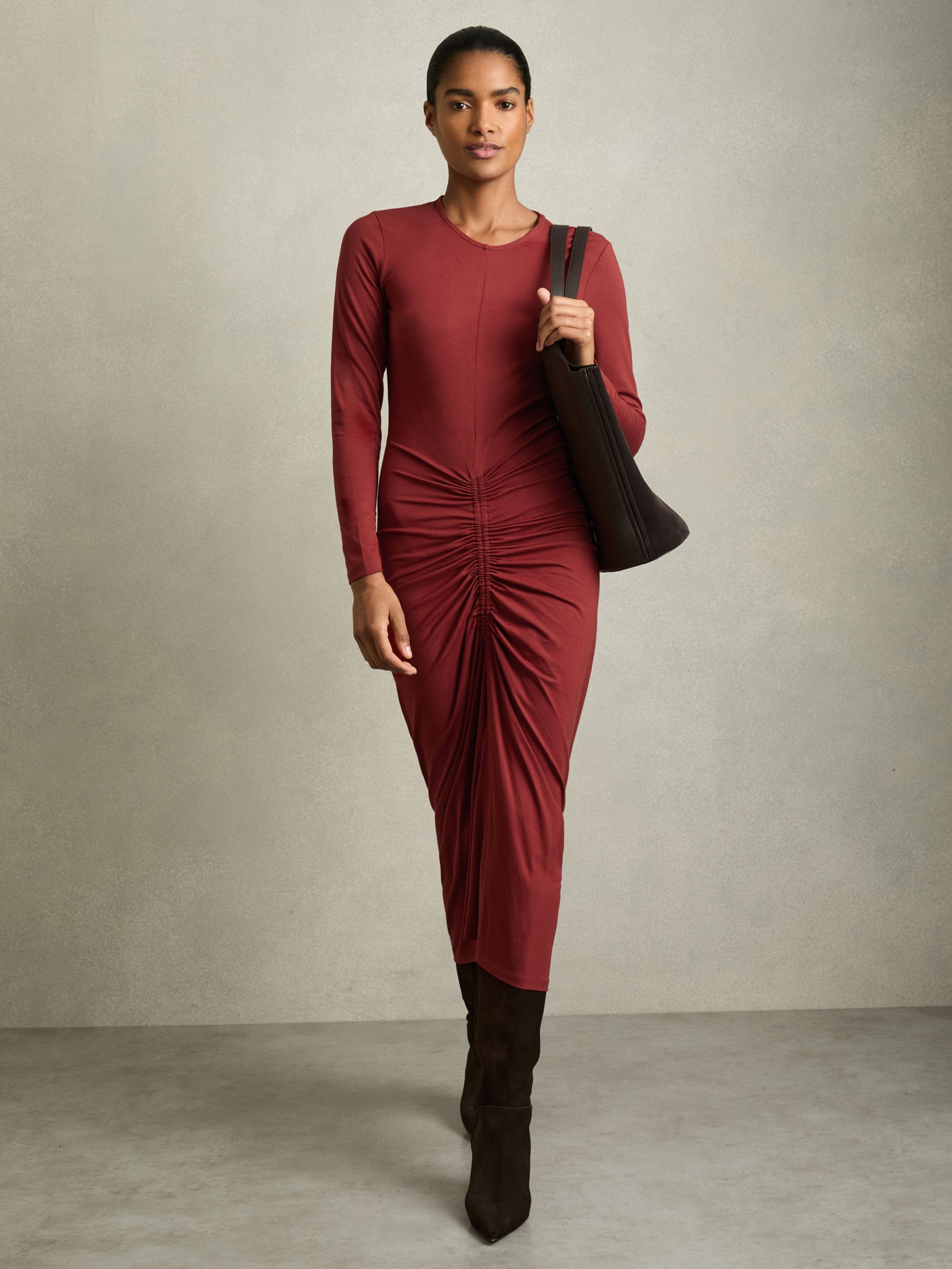 Ruched Jersey Midi Dress in Burgundy - Image 5 of 6