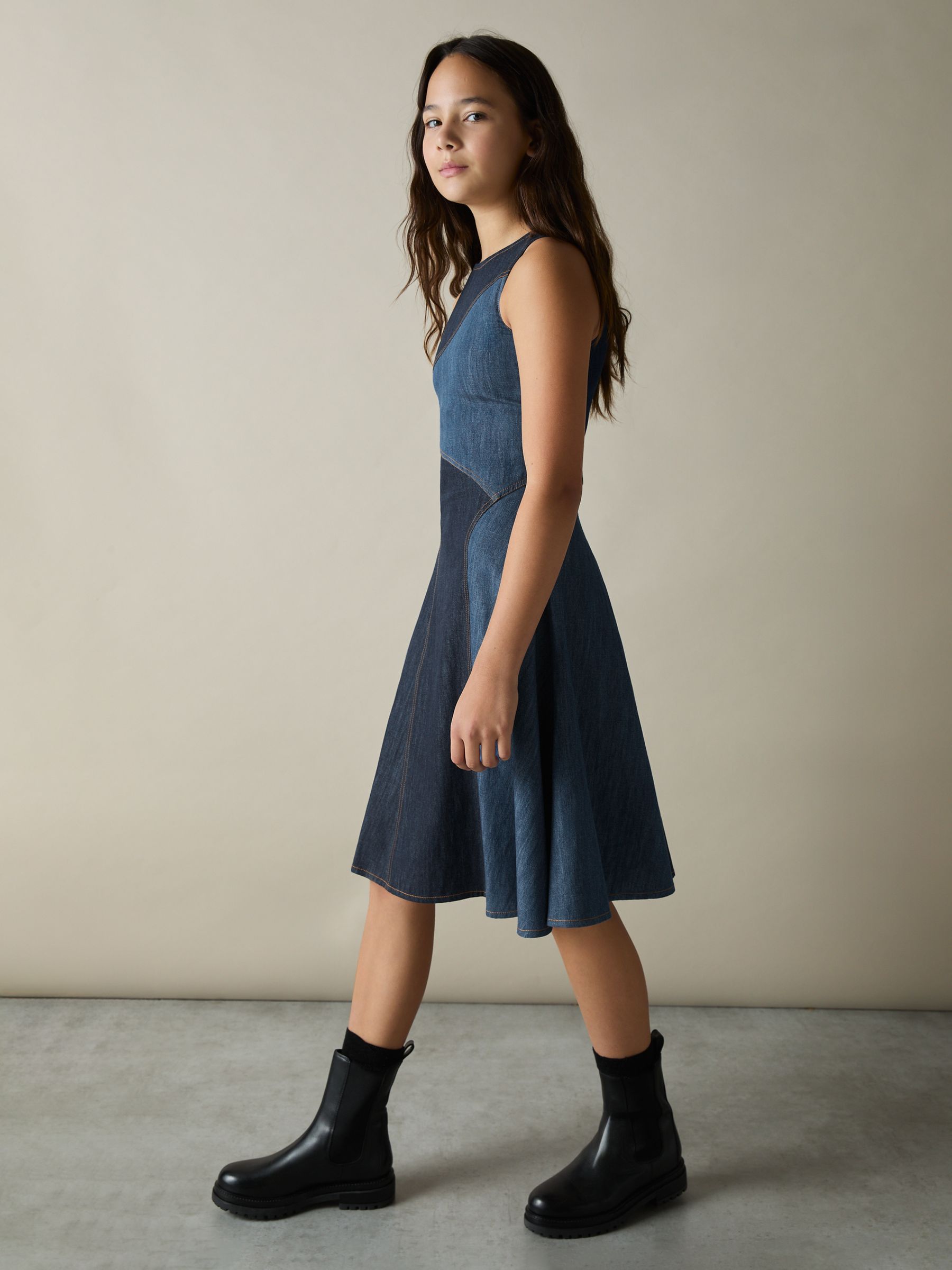Reiss 13-14 yrs Patchwork Chambray Midi Dress in Blue | REISS