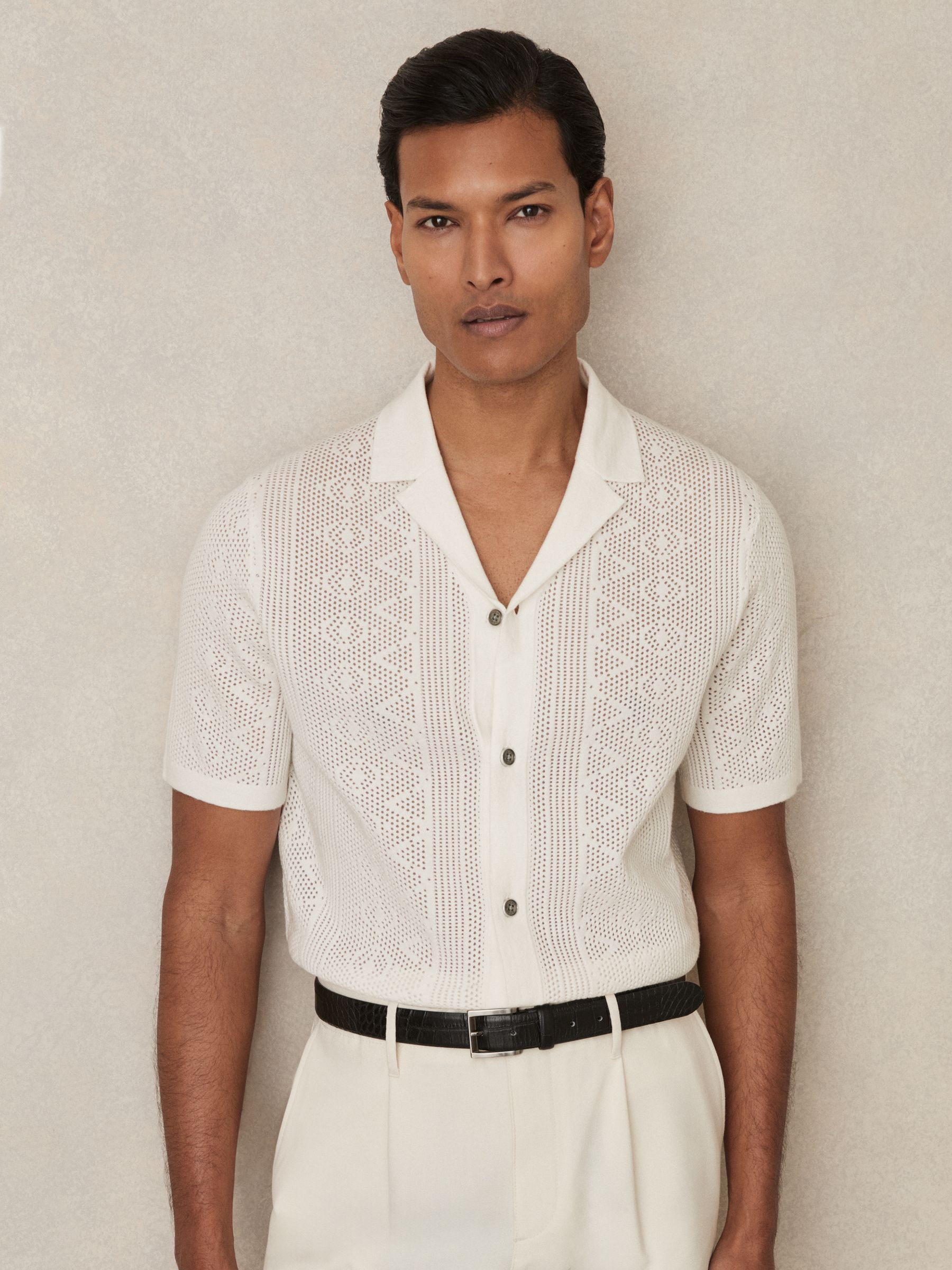 Textured Knit Short Sleeve Shirt in White - Image 1 of 5