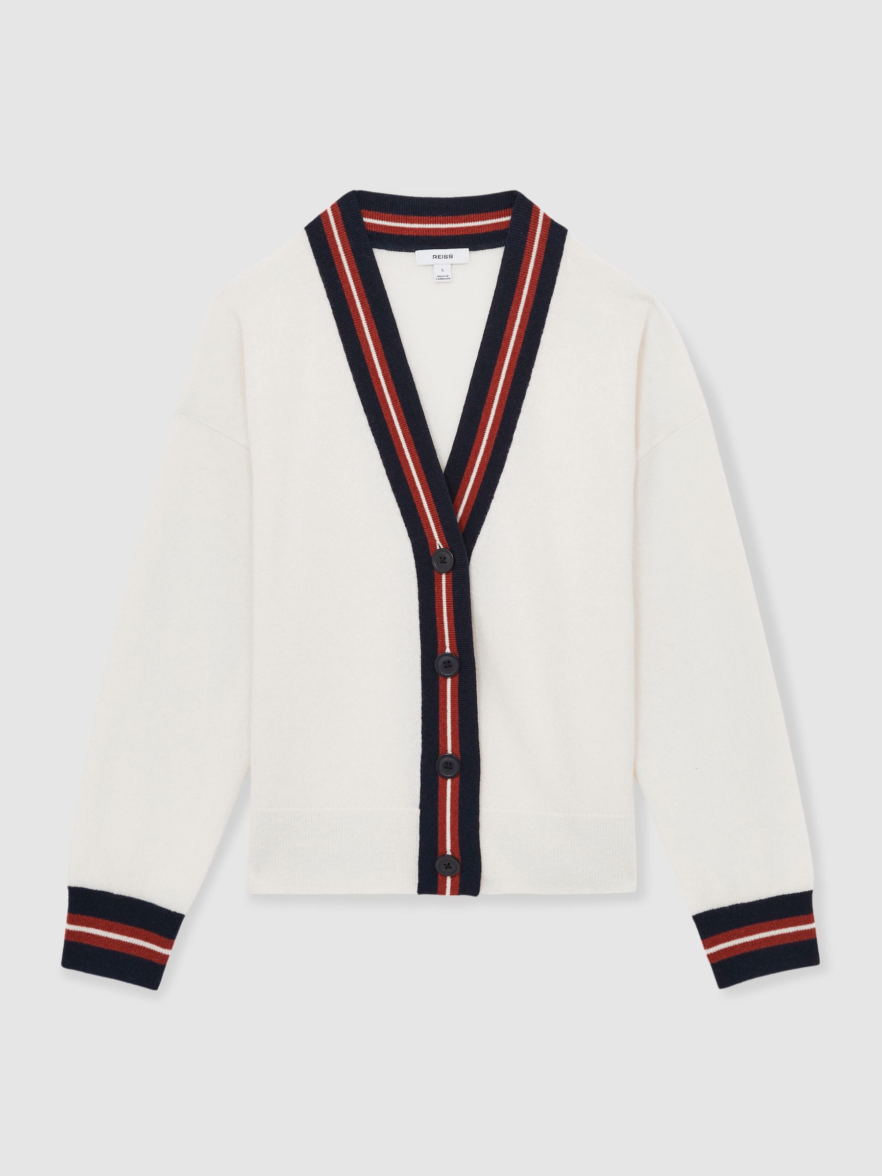 Wool Cashmere Stripe Trim Cardigan in White - Image 2 of 6