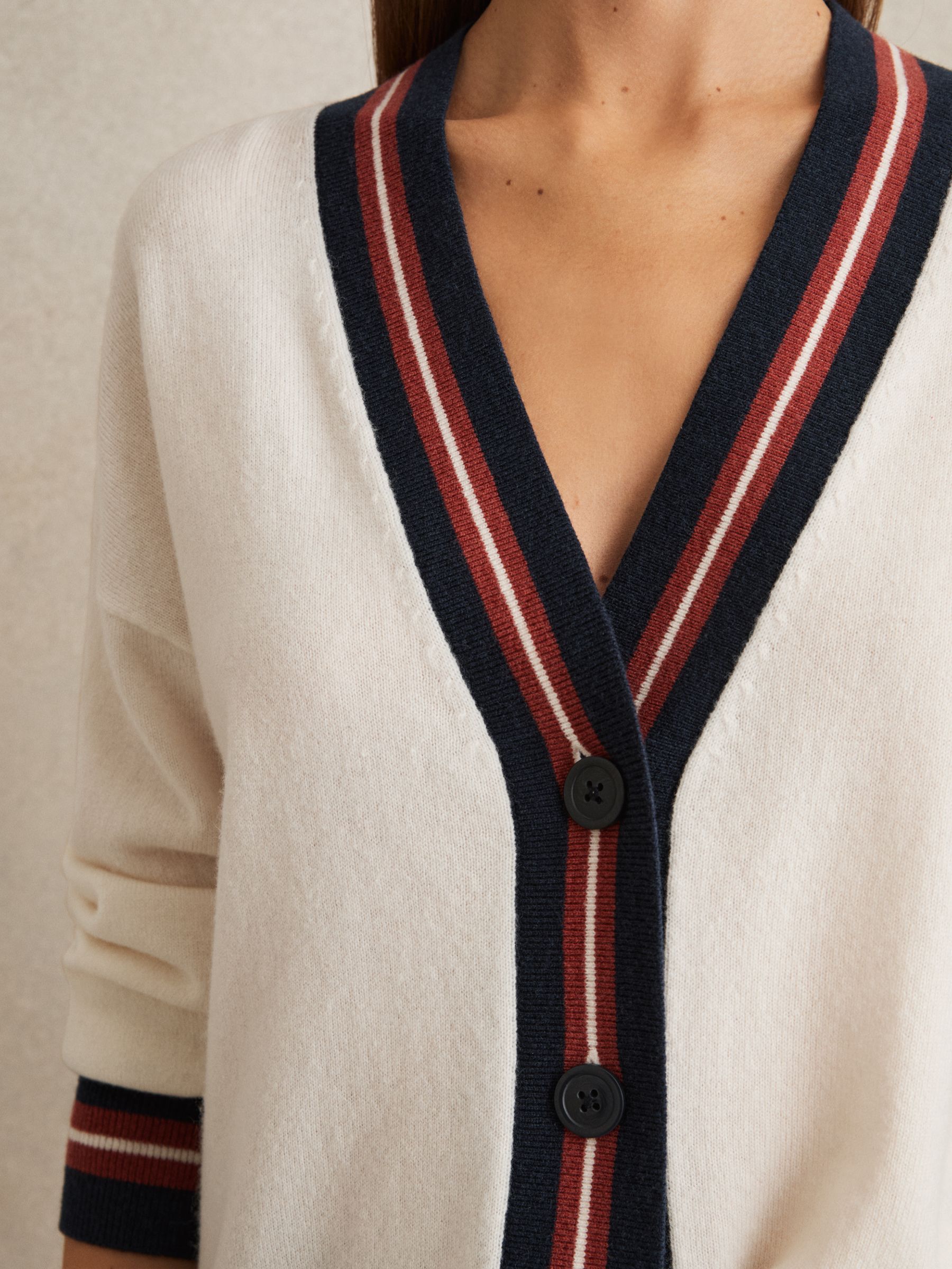 Wool Cashmere Stripe Trim Cardigan in White - Image 3 of 6