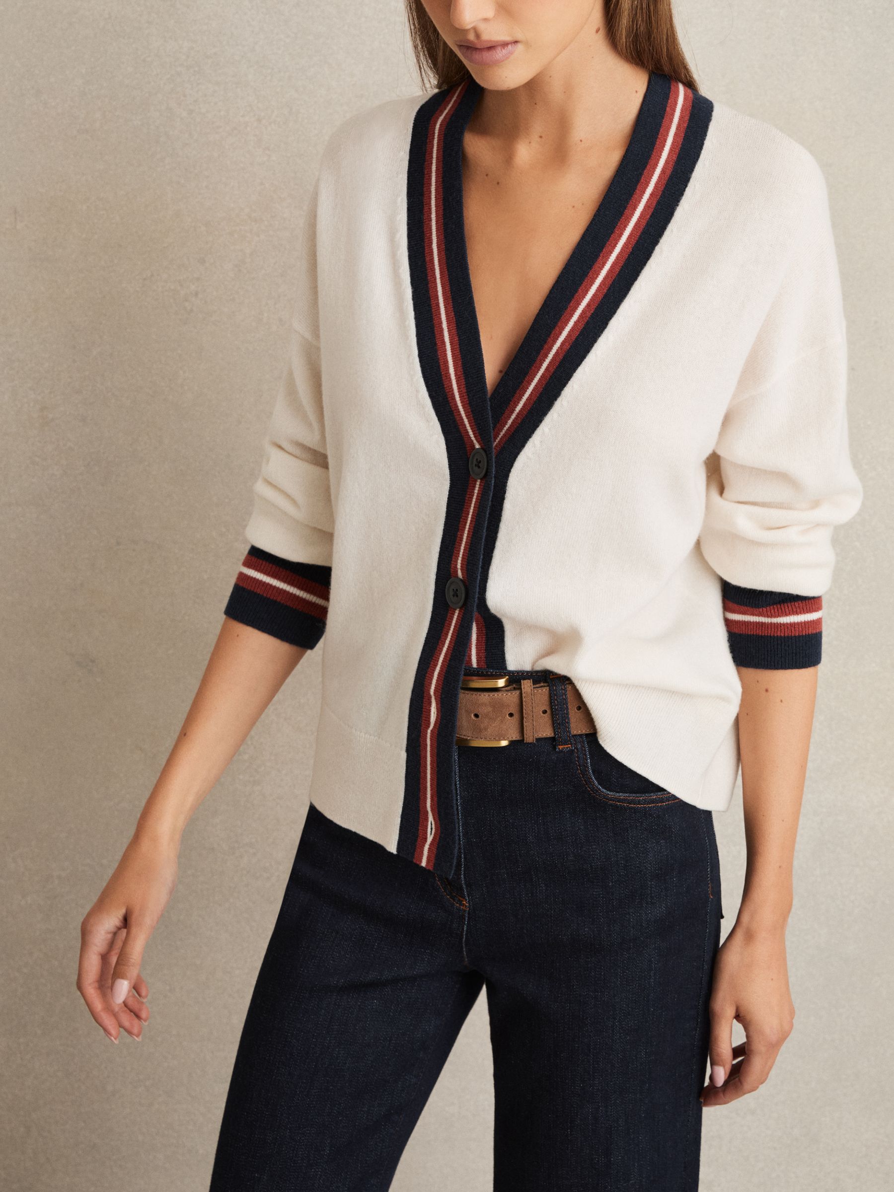 Wool Cashmere Stripe Trim Cardigan in White - Image 4 of 6