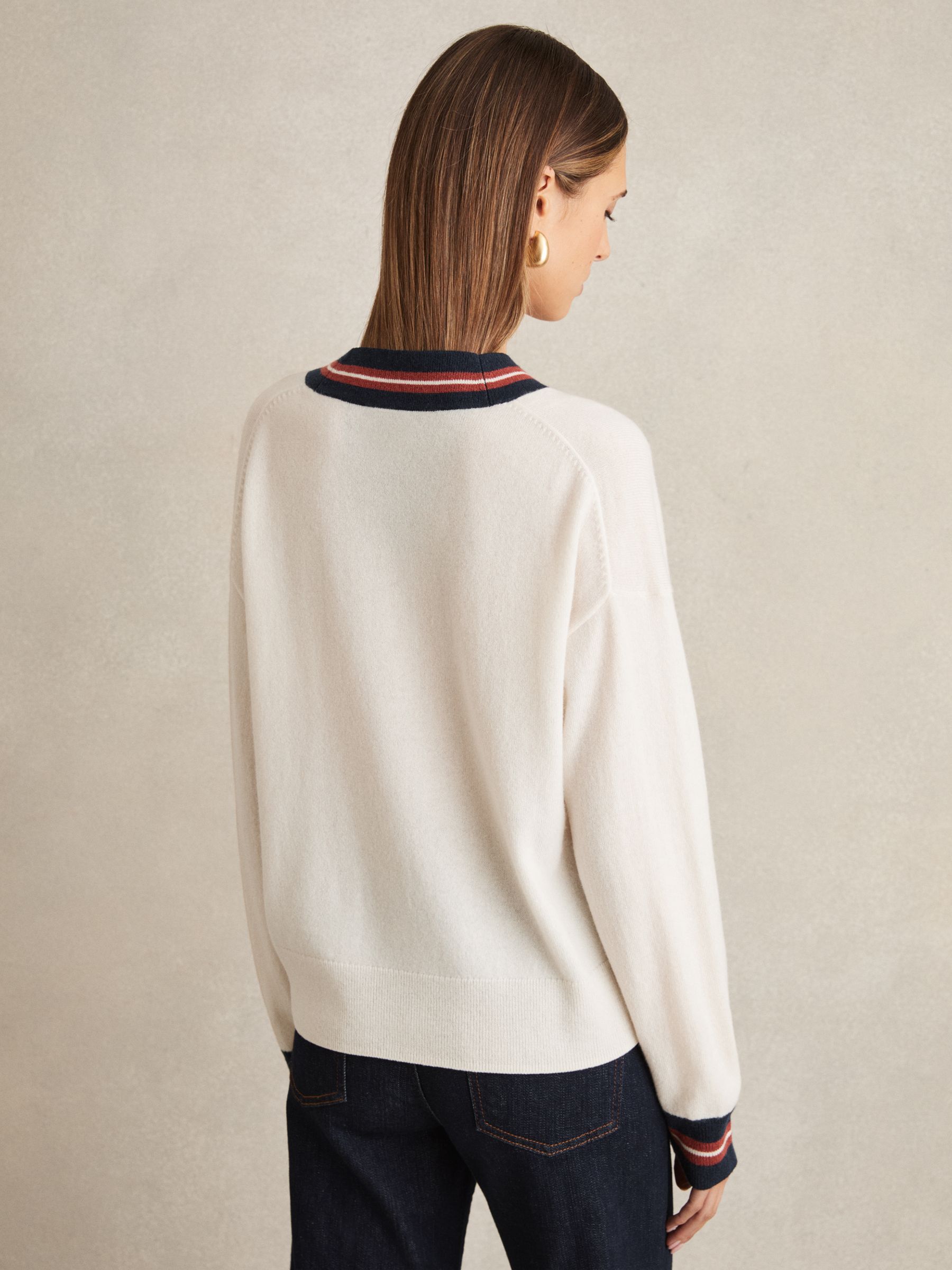 Wool Cashmere Stripe Trim Cardigan in White - Image 5 of 6