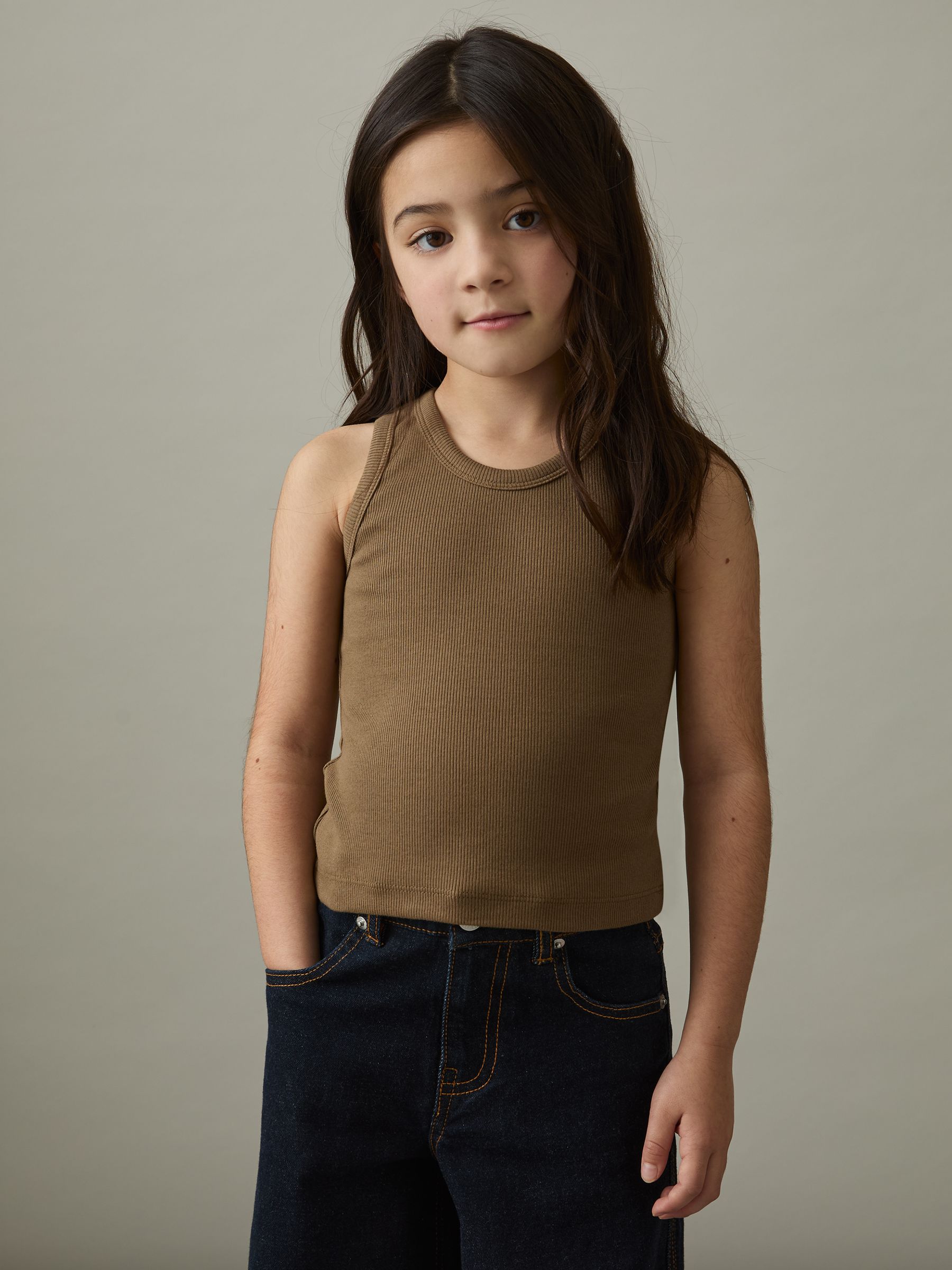 9-13 yrs Cotton Blend Ribbed Vest in Khaki - Image 3 of 4