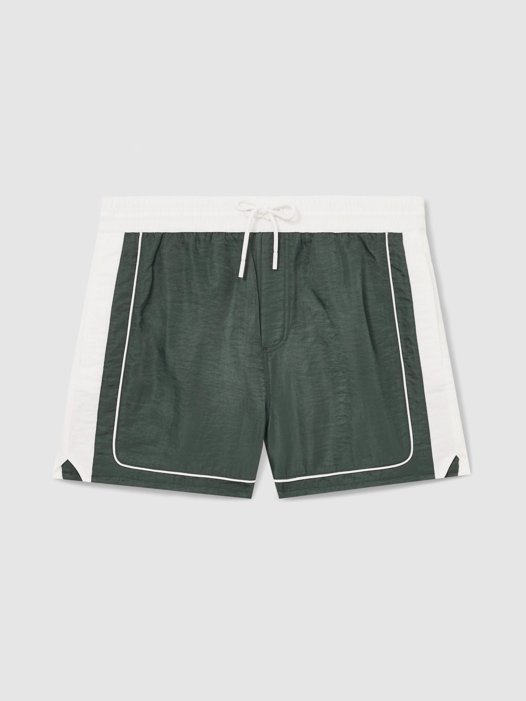 Colour-Block Piped-Trim Swim Shorts in Dark Green/White - Image 2 of 5
