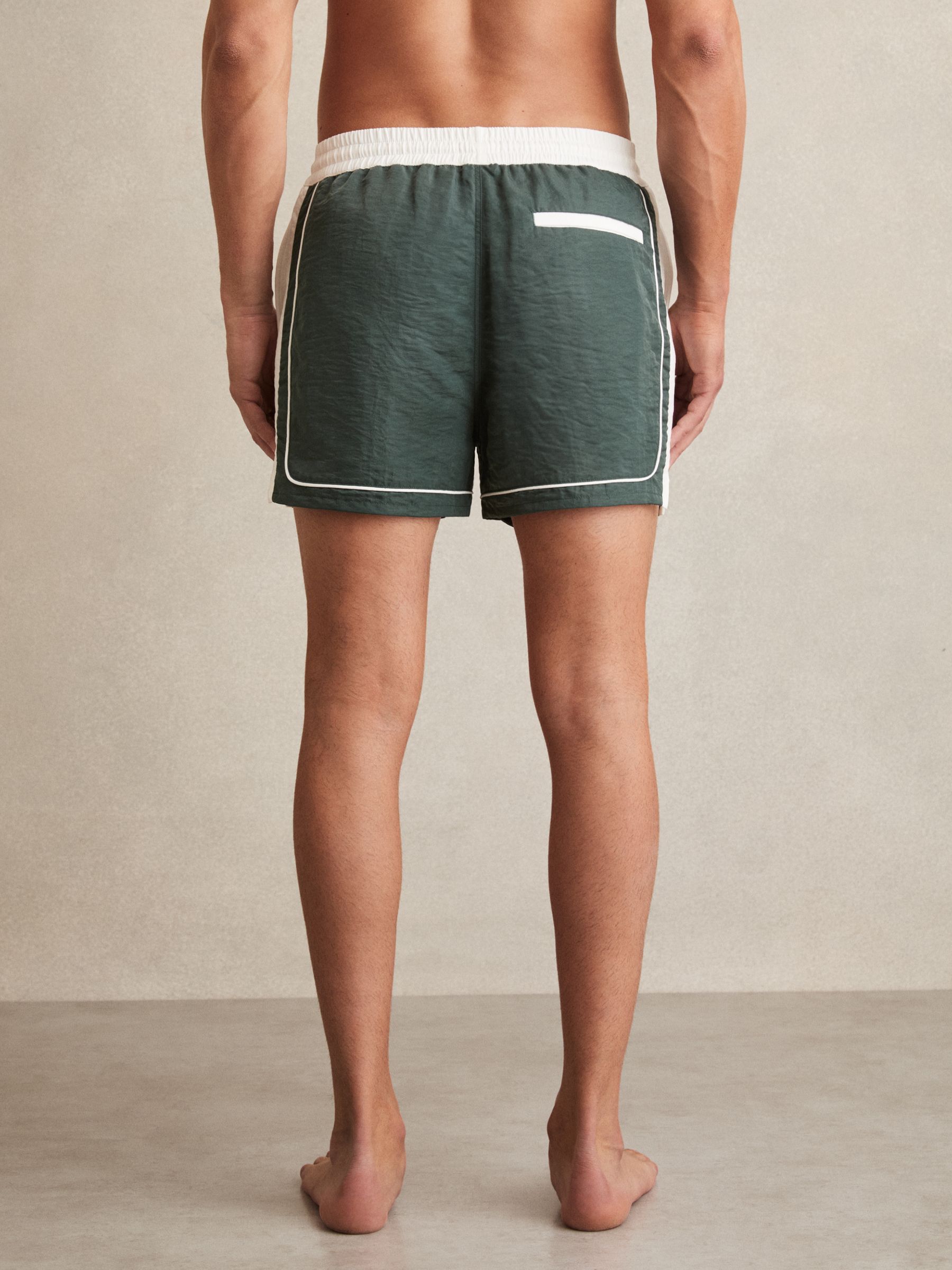 Colour-Block Piped-Trim Swim Shorts in Dark Green/White - Image 4 of 5