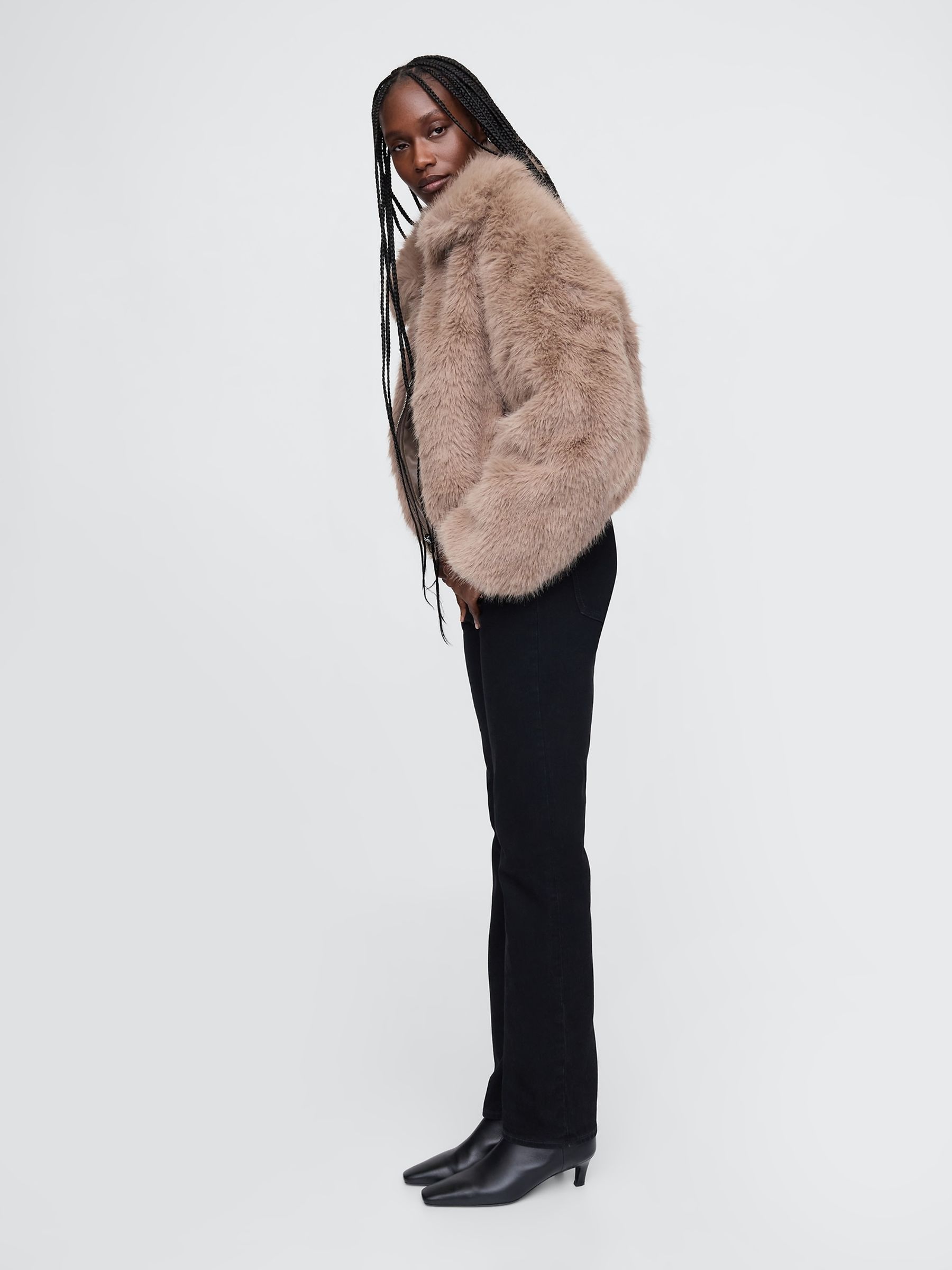 Beige Cropped Faux Fur Jacket - Image 3 of 7