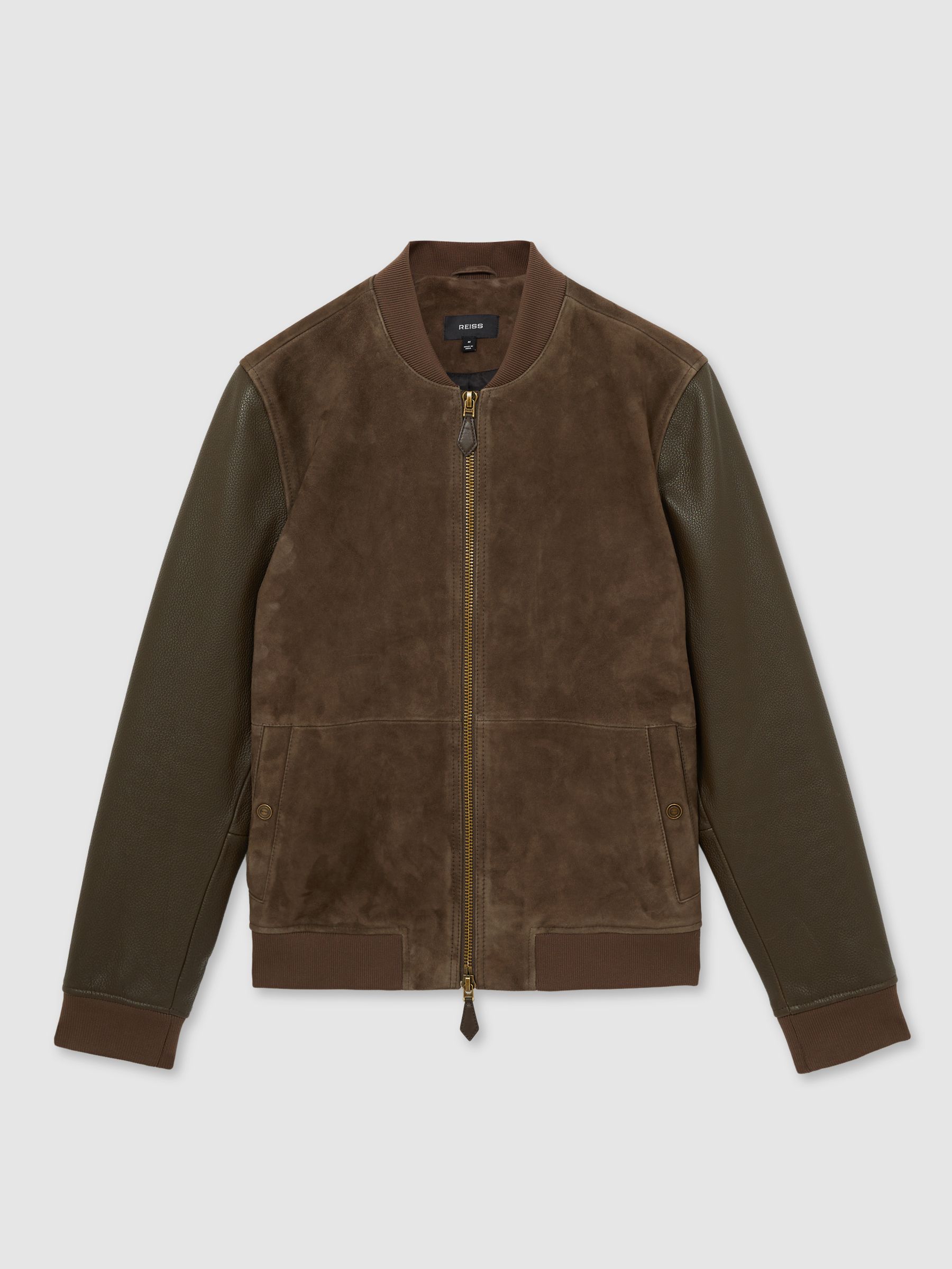 Leather-Sleeve Suede Bomber Jacket in Chocolate Brown - Image 2 of 6
