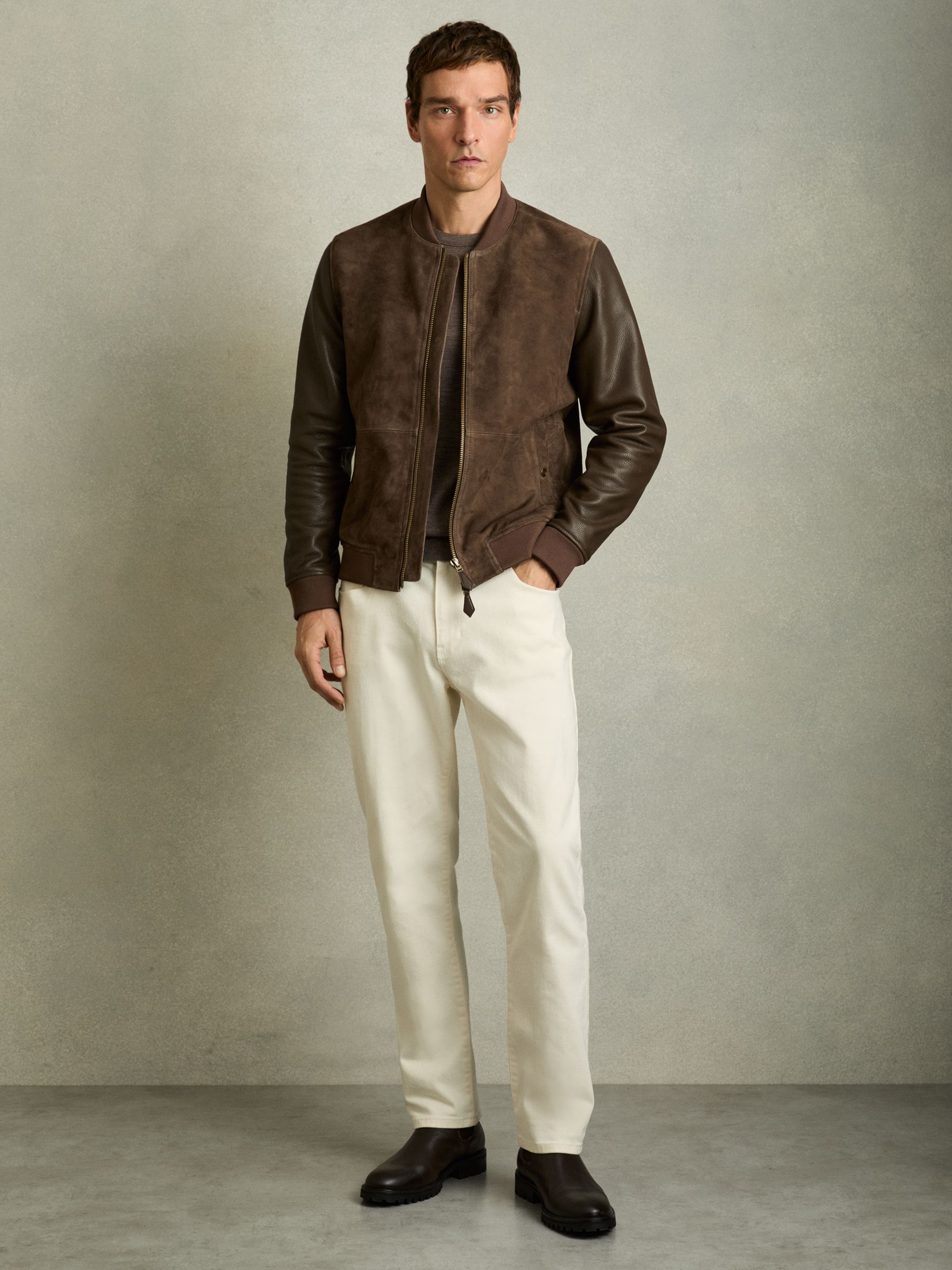 Leather-Sleeve Suede Bomber Jacket in Chocolate Brown - Image 3 of 6