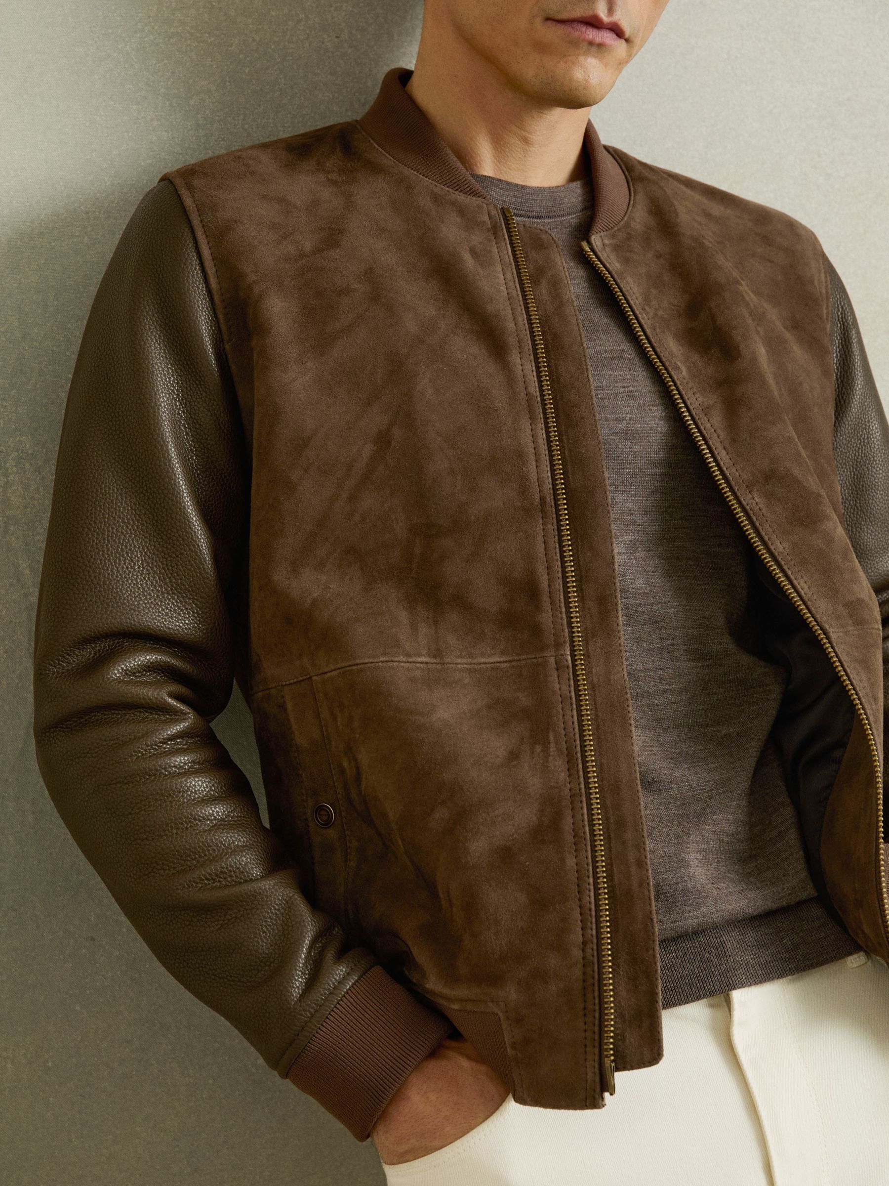 Leather-Sleeve Suede Bomber Jacket in Chocolate Brown - Image 4 of 6