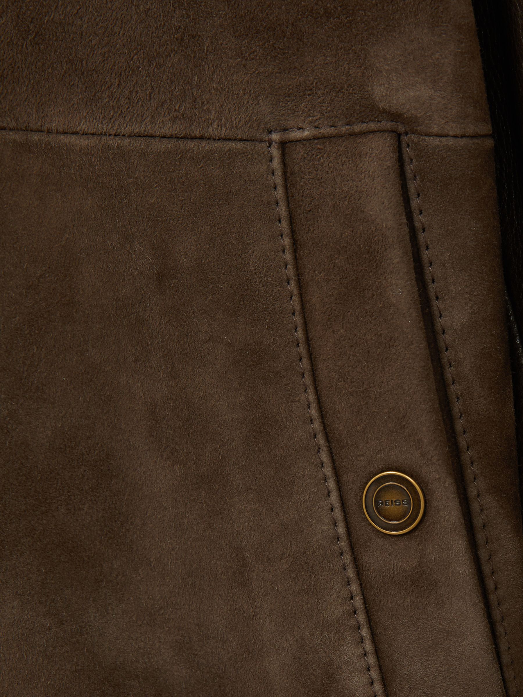 Leather-Sleeve Suede Bomber Jacket in Chocolate Brown - Image 5 of 6