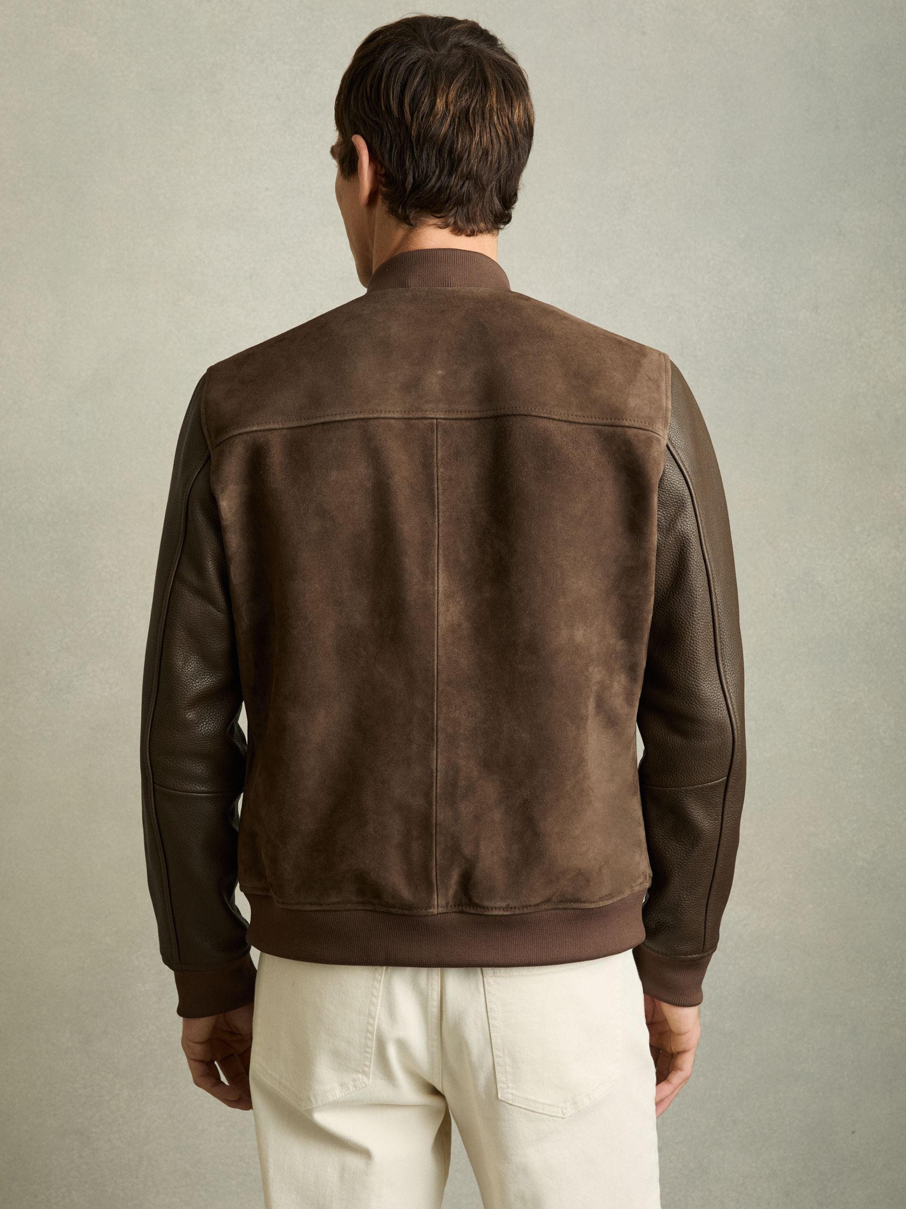 Leather-Sleeve Suede Bomber Jacket in Chocolate Brown - Image 6 of 6