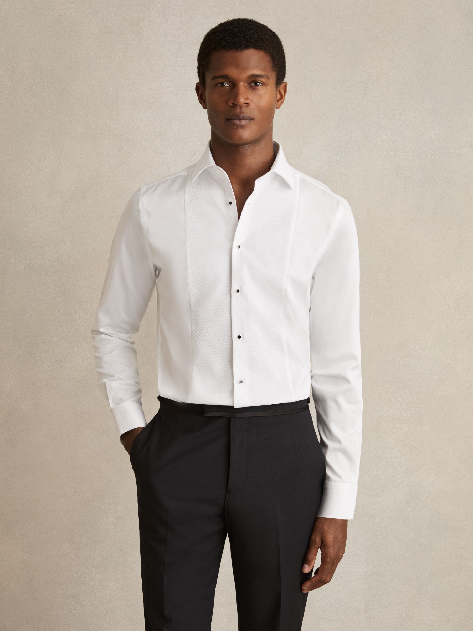 Regular Fit Slim Fit Cotton Marcella Tuxedo Shirt in White - Image 4 of 9