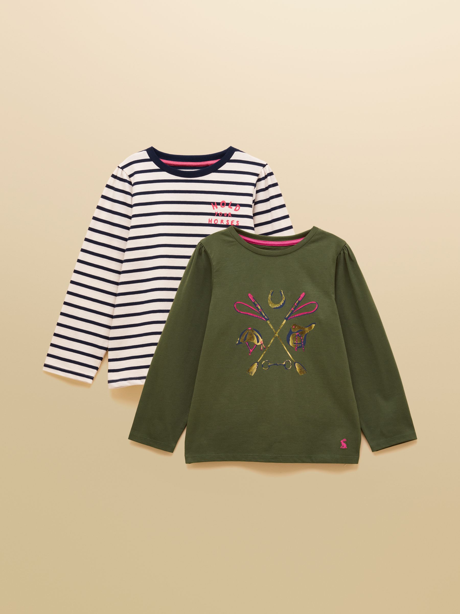 Girls' Khaki Print & Navy Stripe Long Sleeve Top 2 Pack - Image 1 of 11