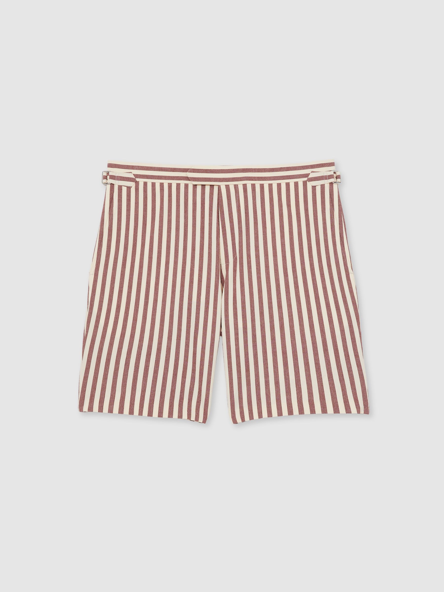 Cotton Blend Seersucker Stripe Shorts in Off White/Mocha - Image 2 of 7