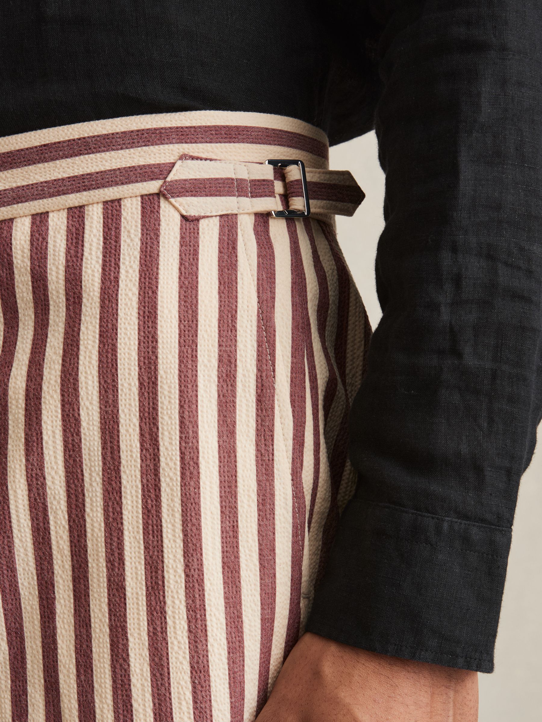 Cotton Blend Seersucker Stripe Shorts in Off White/Mocha - Image 5 of 7