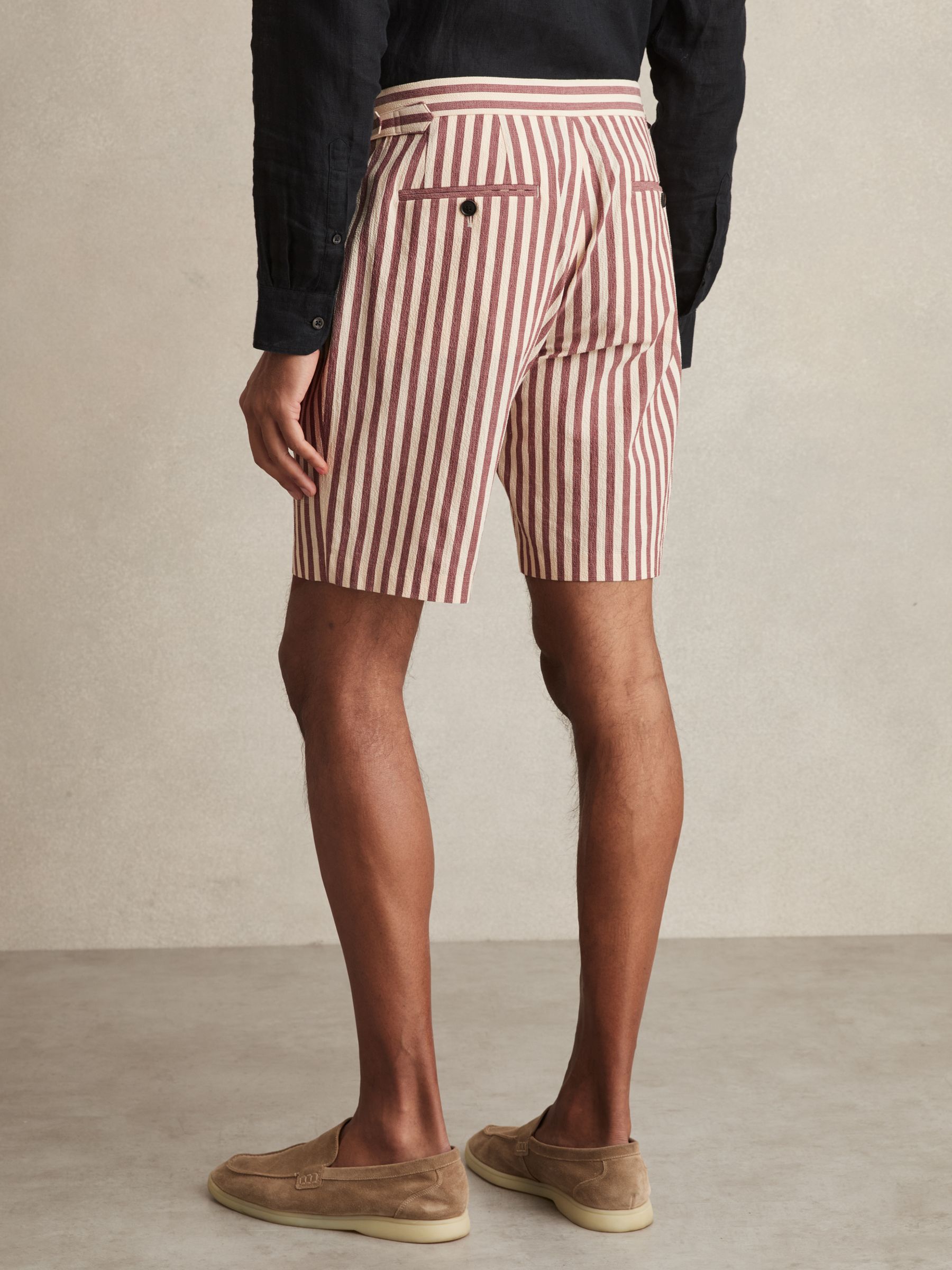 Cotton Blend Seersucker Stripe Shorts in Off White/Mocha - Image 6 of 7