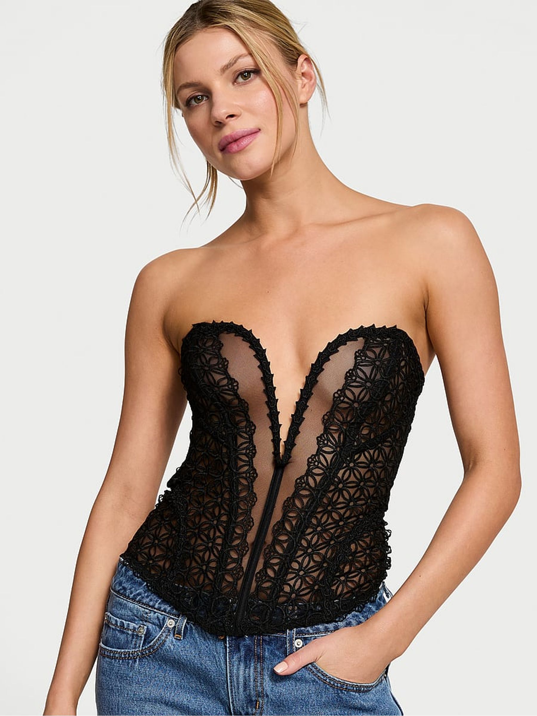Black Geo Daisy Lace Corset Top | Victoria's Secret UK