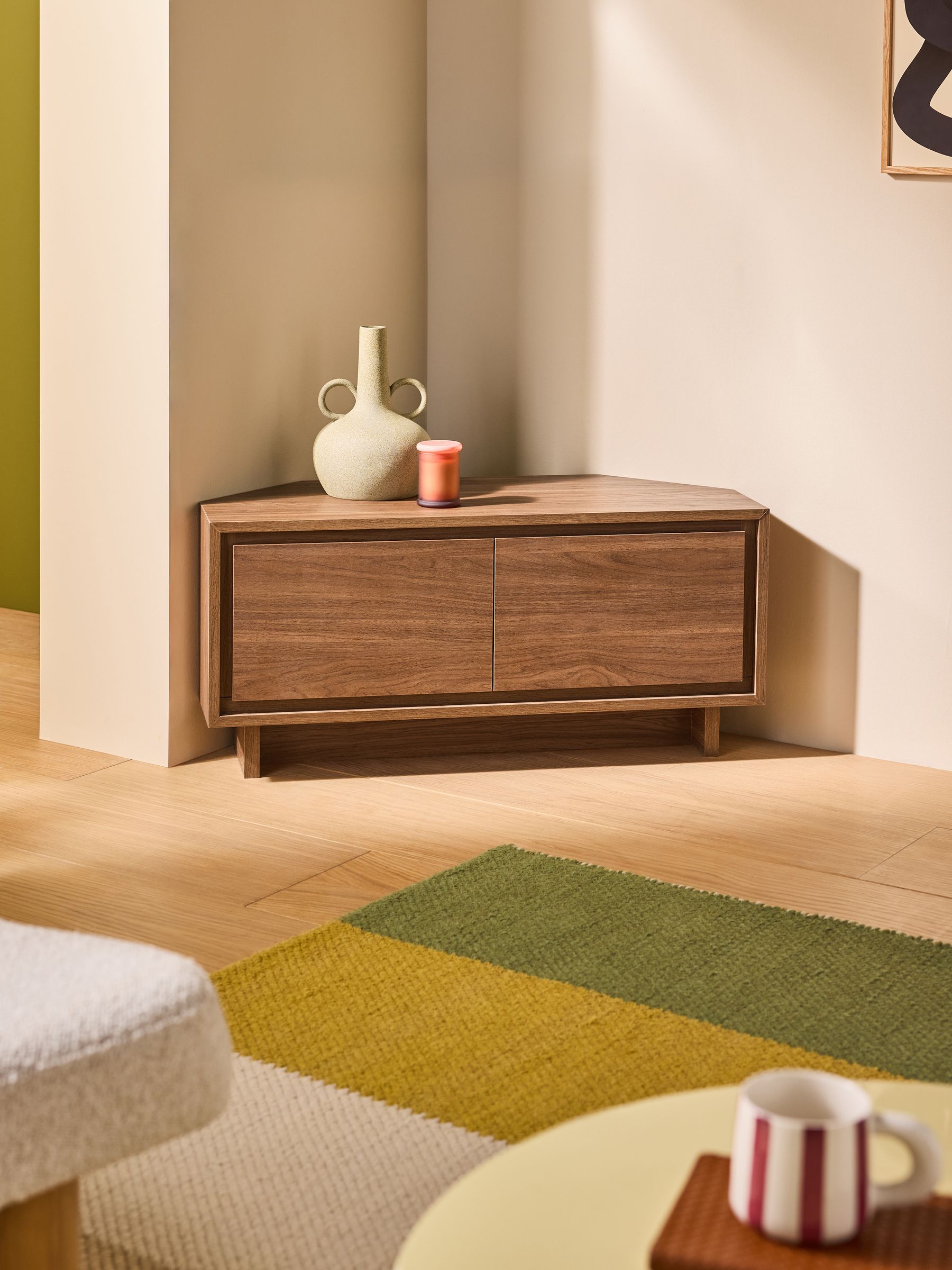 Kaci Corner Up to 50 Inch TV Unit in Dark Walnut Effect - Image 1 of 7 Kaci Corner Up to 50 Inch TV Unit in Dark Walnut Effect - Image 1 of 7