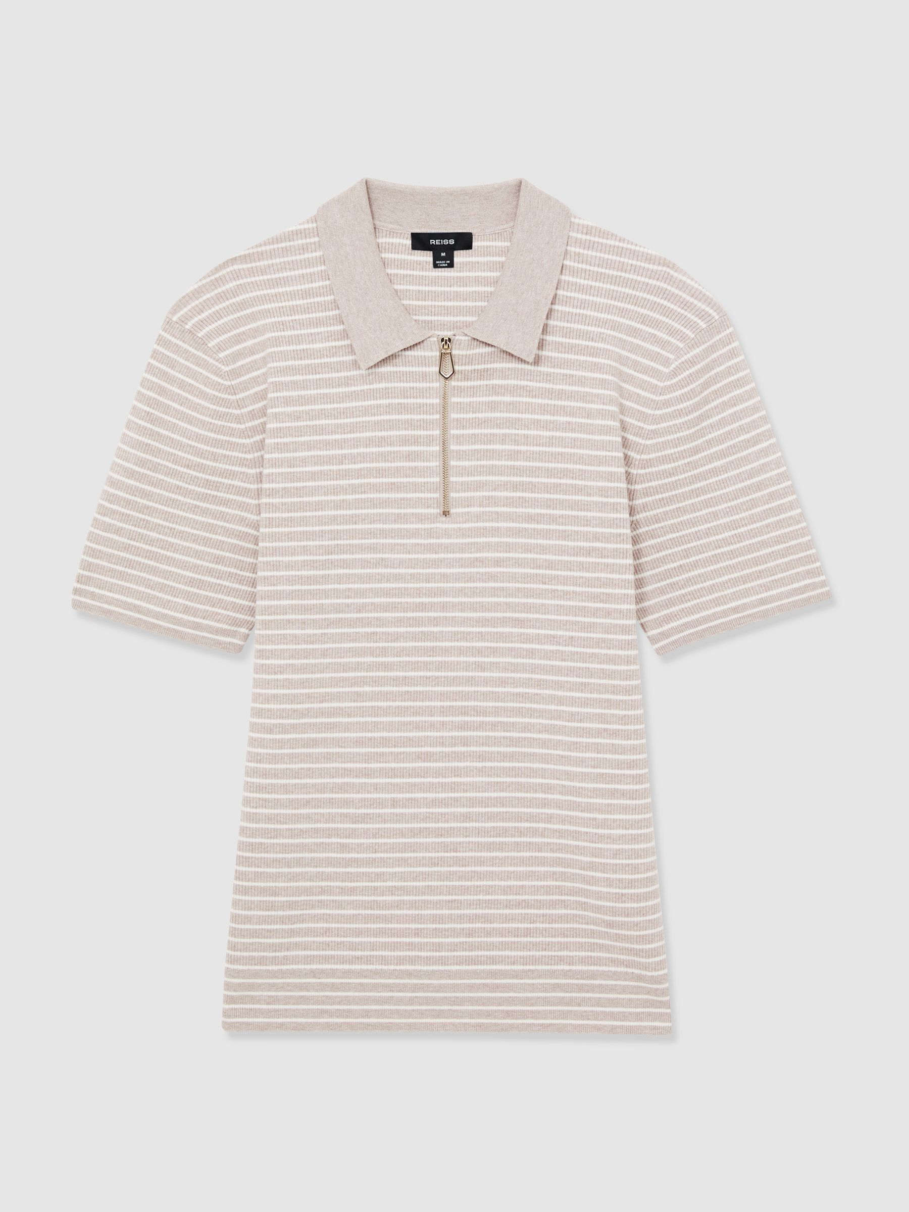 Half-Zip Stripe Polo Shirt in Oatmeal Melange - Image 2 of 7