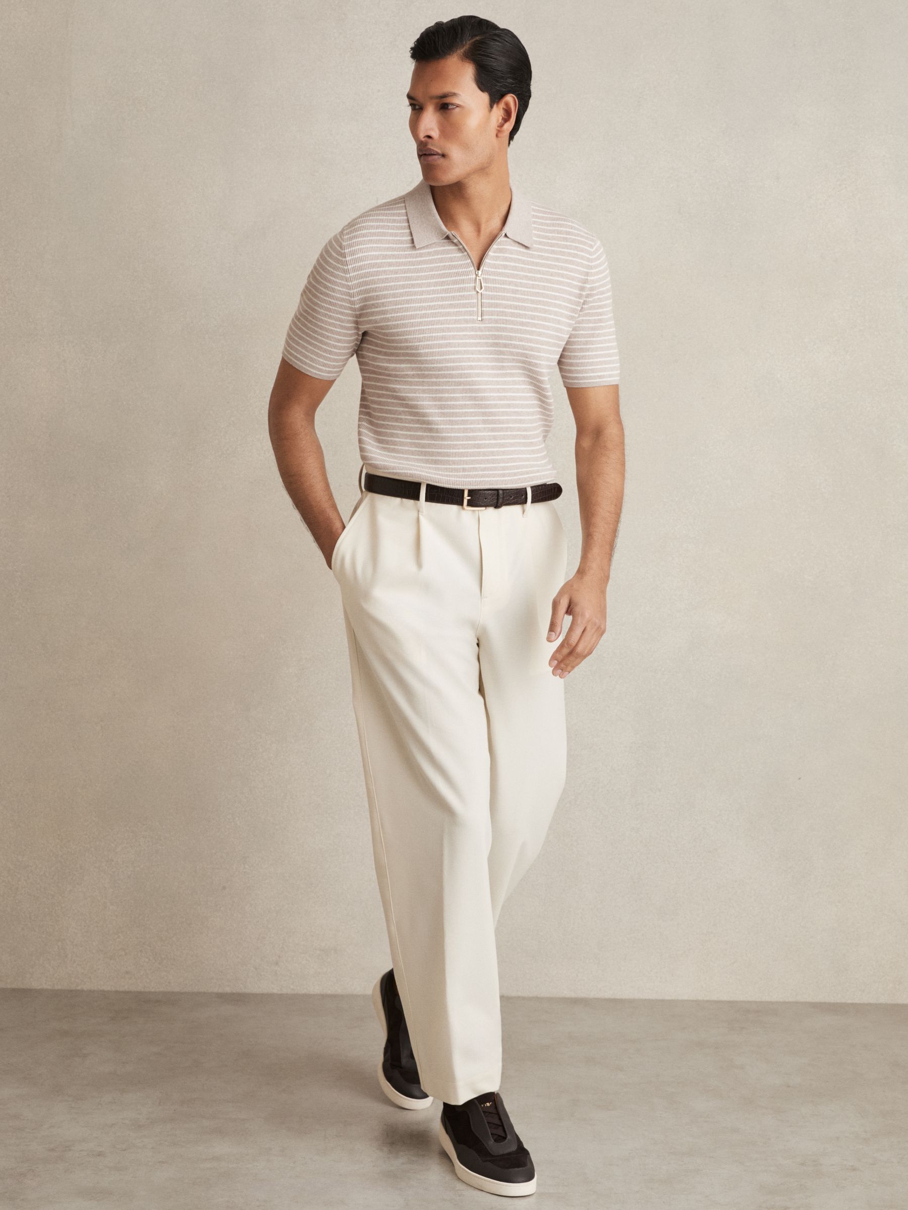Half-Zip Stripe Polo Shirt in Oatmeal Melange - Image 3 of 7