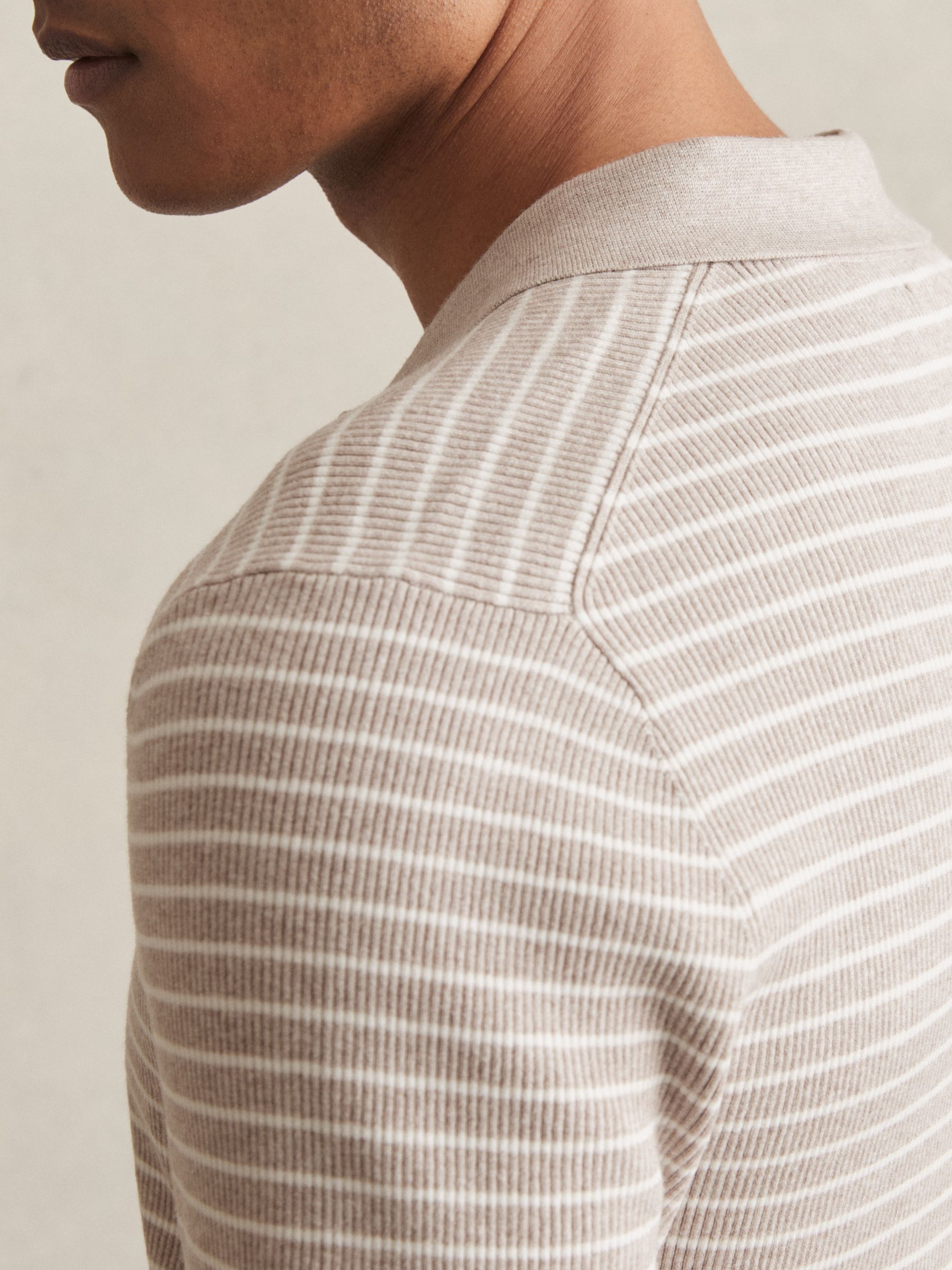 Half-Zip Stripe Polo Shirt in Oatmeal Melange - Image 5 of 7