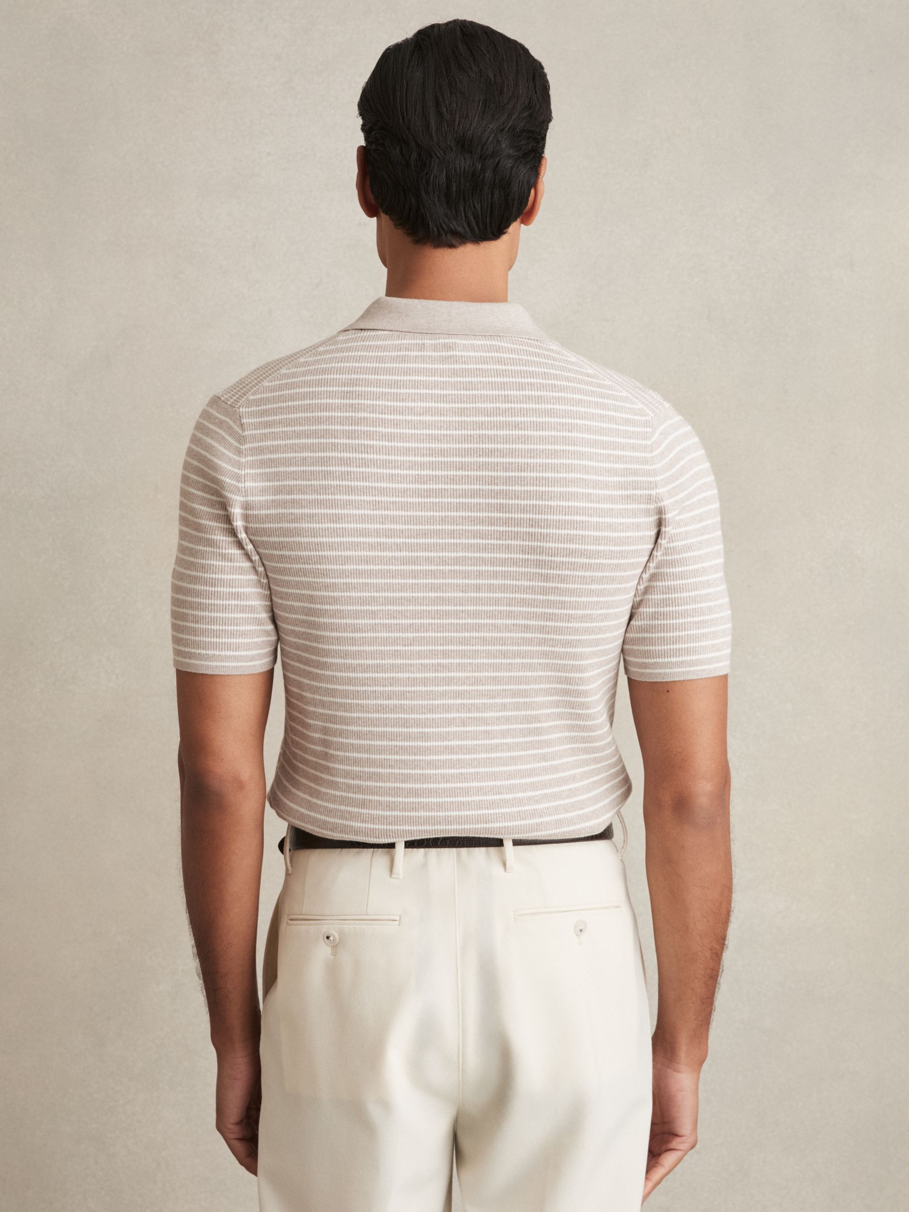 Half-Zip Stripe Polo Shirt in Oatmeal Melange - Image 6 of 7