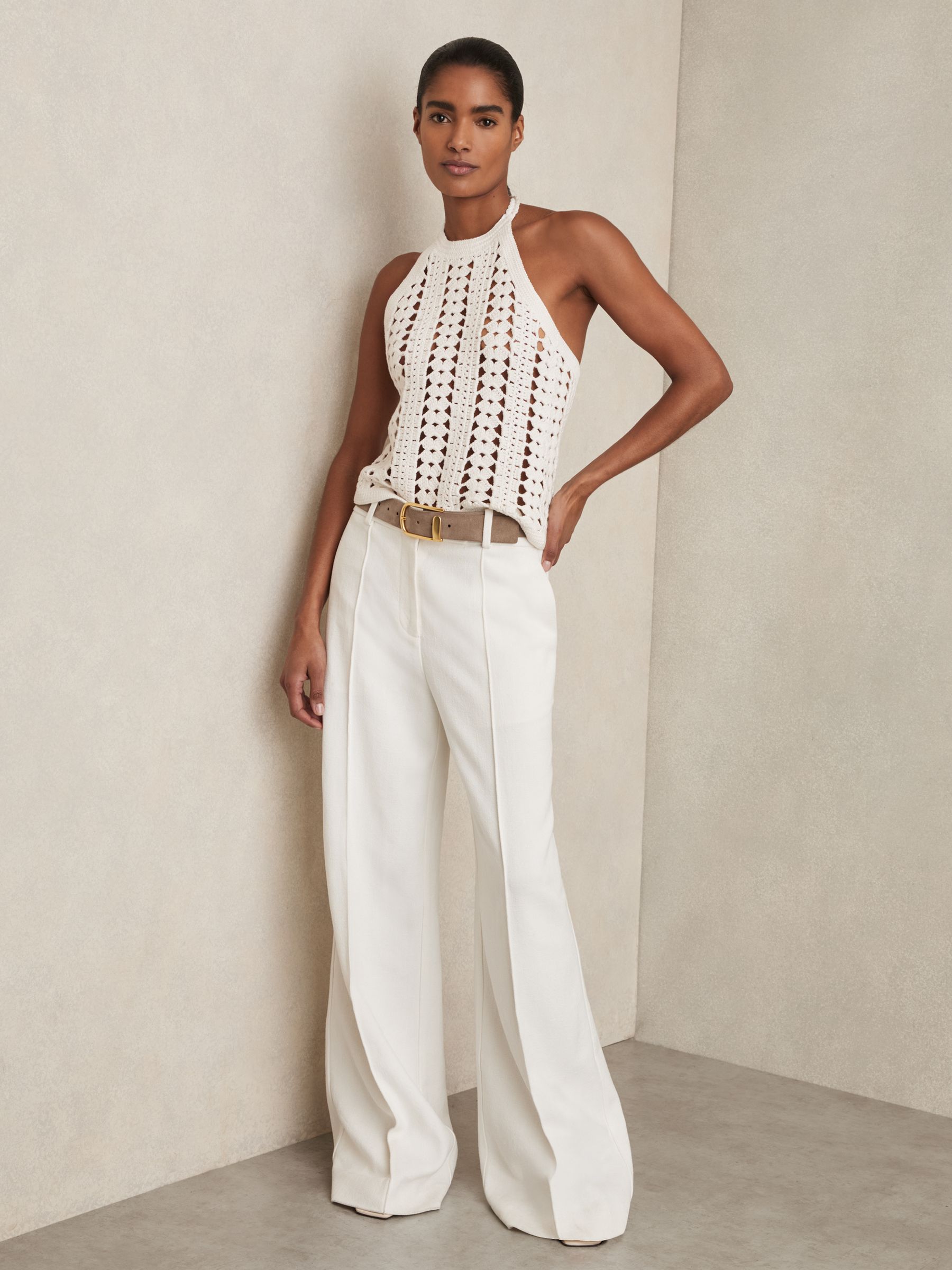 Cotton Crochet Halterneck Vest Top in White - Image 3 of 6
