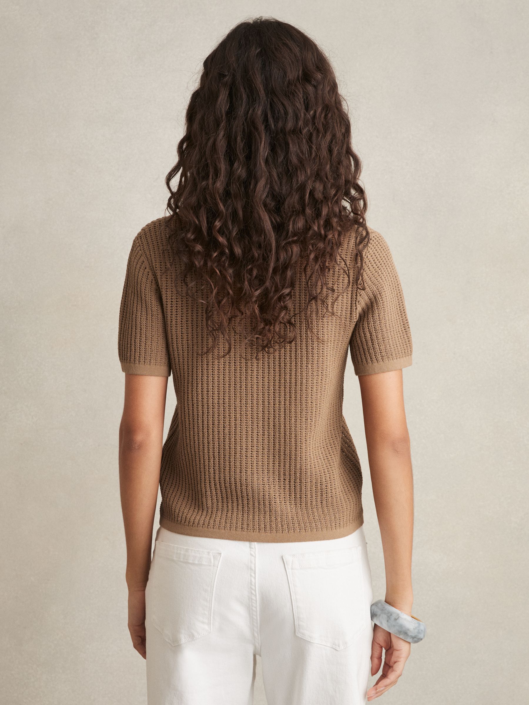 Cotton-Blend Open-Knit Polo Shirt in Tan - Image 4 of 5