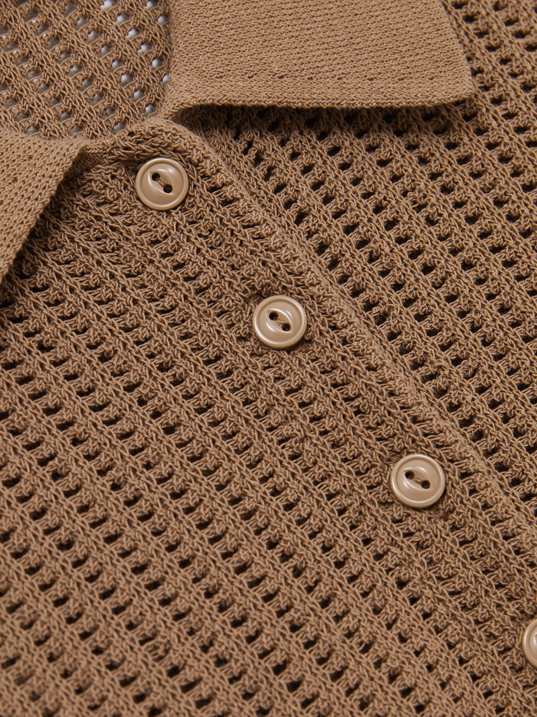 Cotton-Blend Open-Knit Polo Shirt in Tan - Image 5 of 5