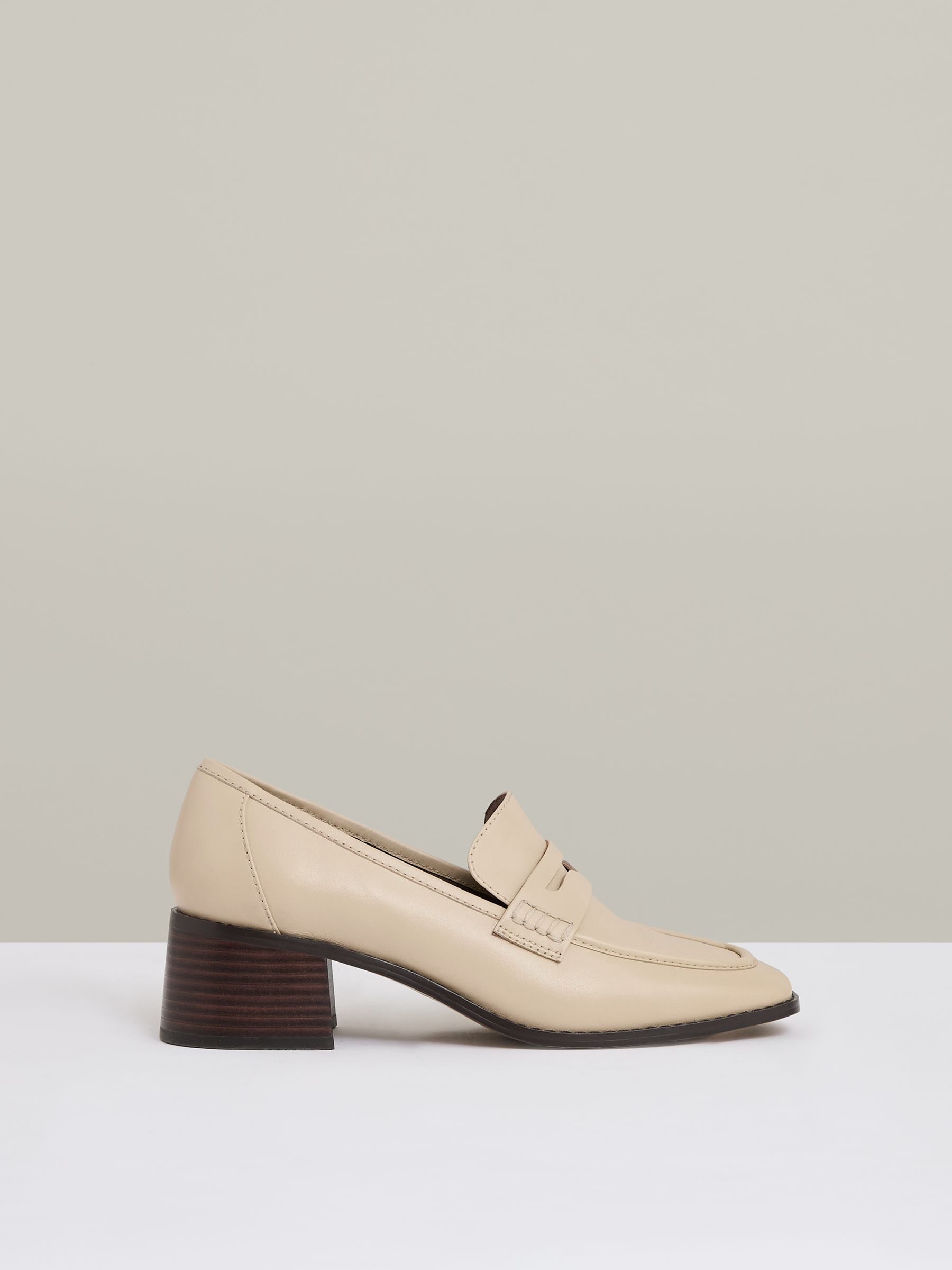 Leather Block-Heel Penny Loafers in Off White - Image 1 of 5