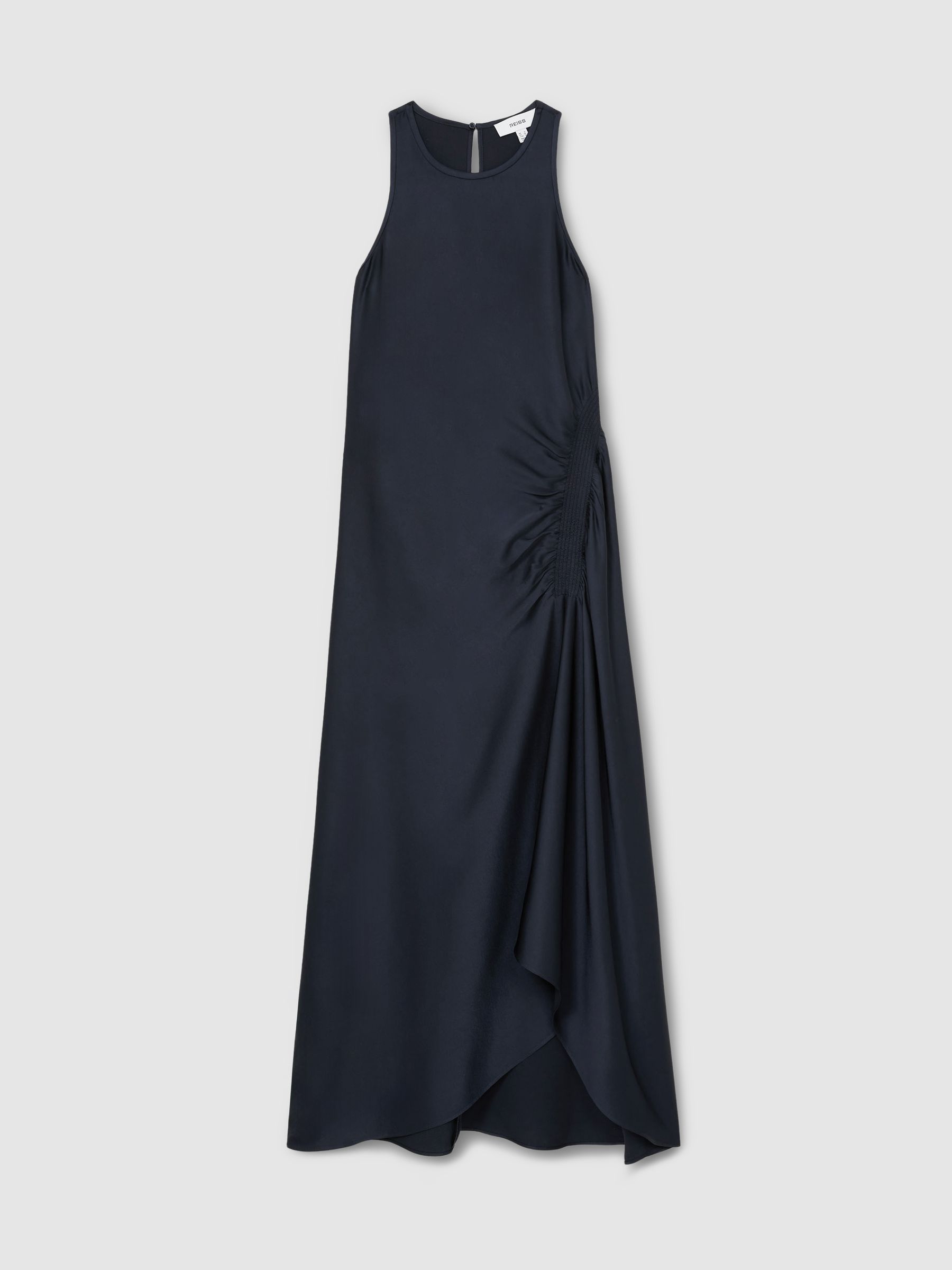 Satin Shirred Midi Dress in Navy - Image 3 of 8