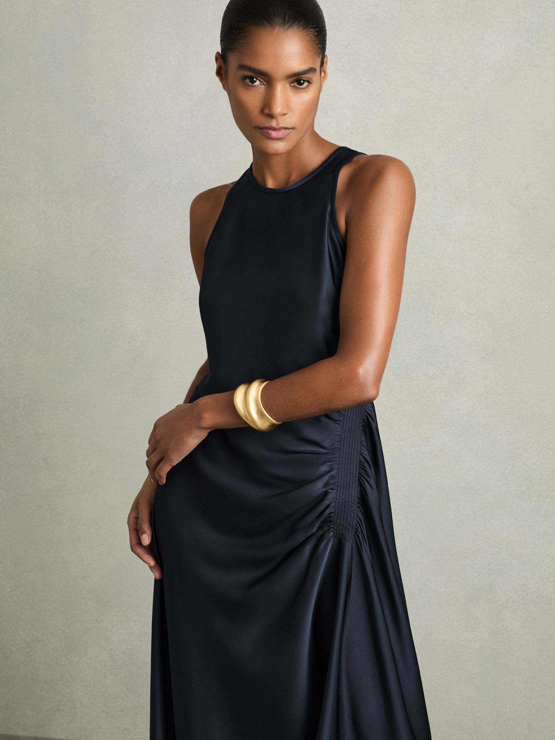 Satin Shirred Midi Dress in Navy - Image 4 of 8