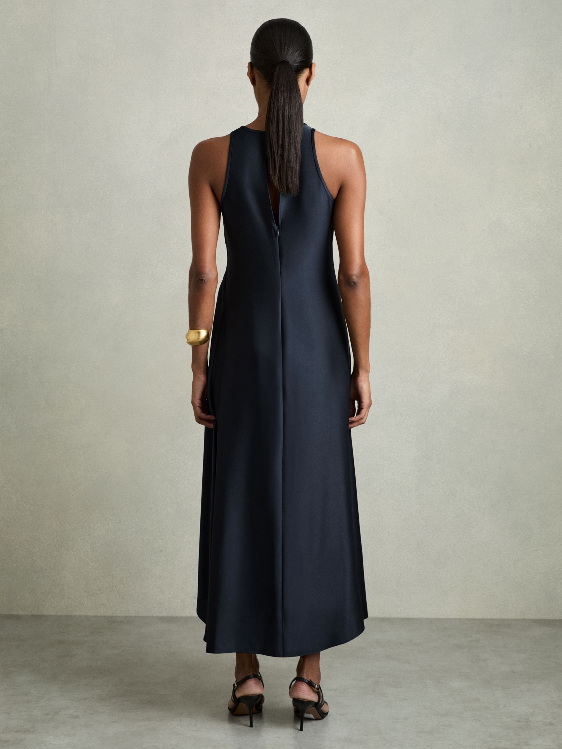 Satin Shirred Midi Dress in Navy - Image 6 of 8