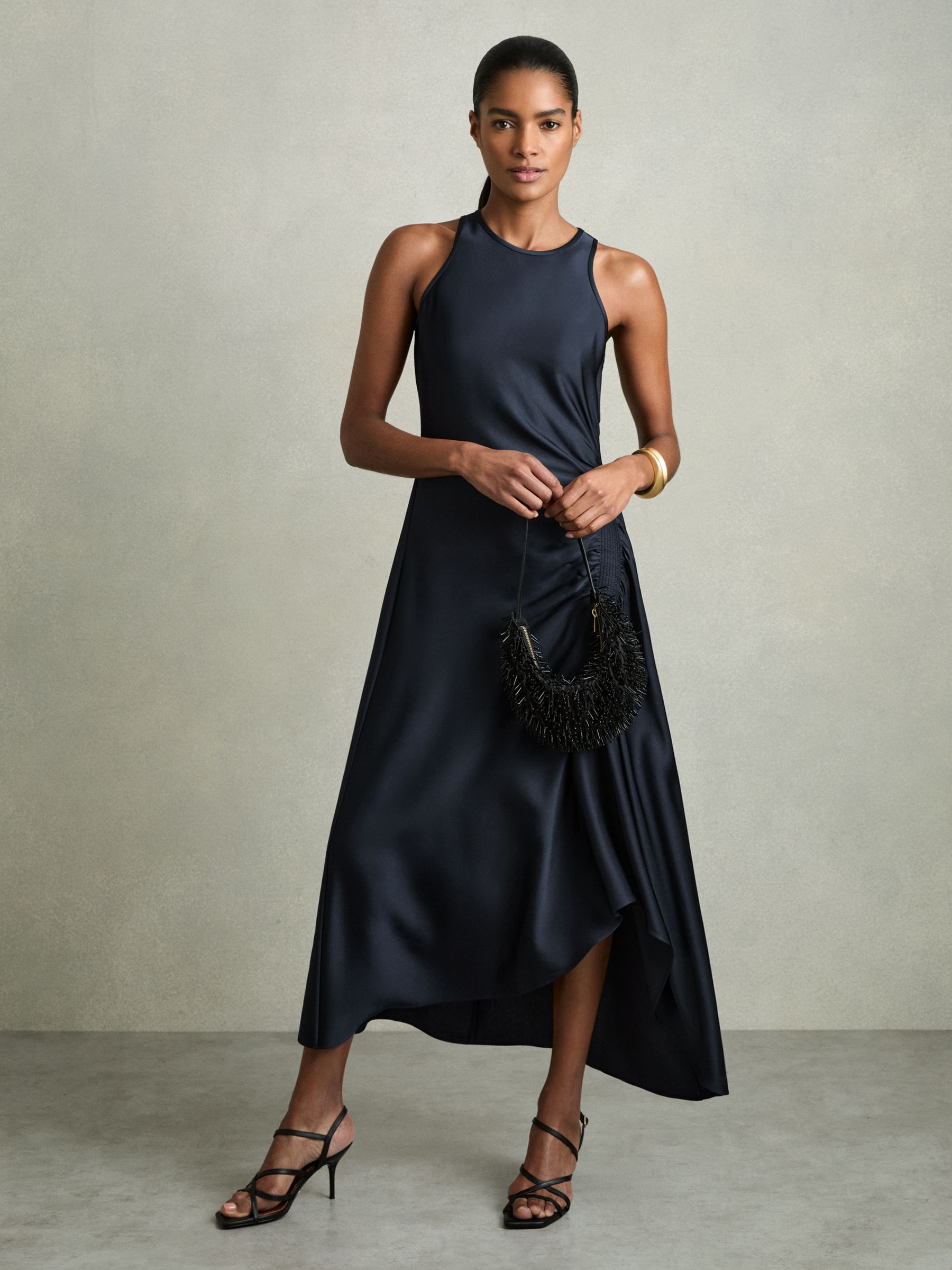 Satin Shirred Midi Dress in Navy - Image 7 of 8