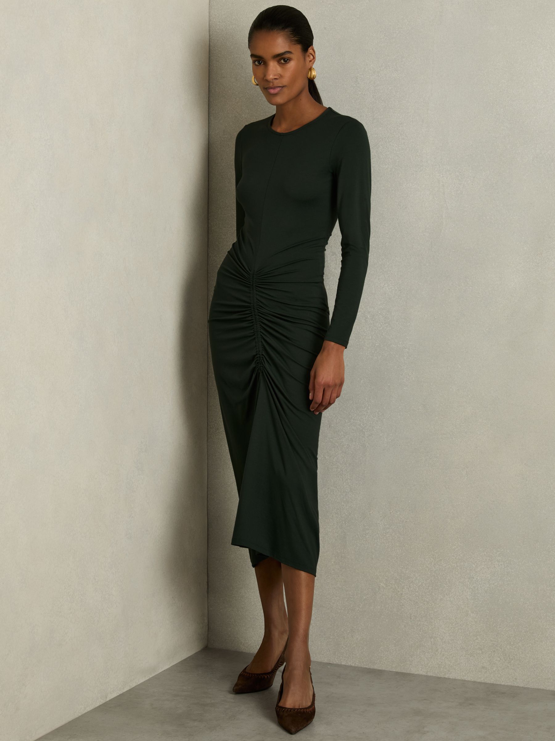 Petite Ruched Jersey Midi Dress in Green - Image 3 of 7