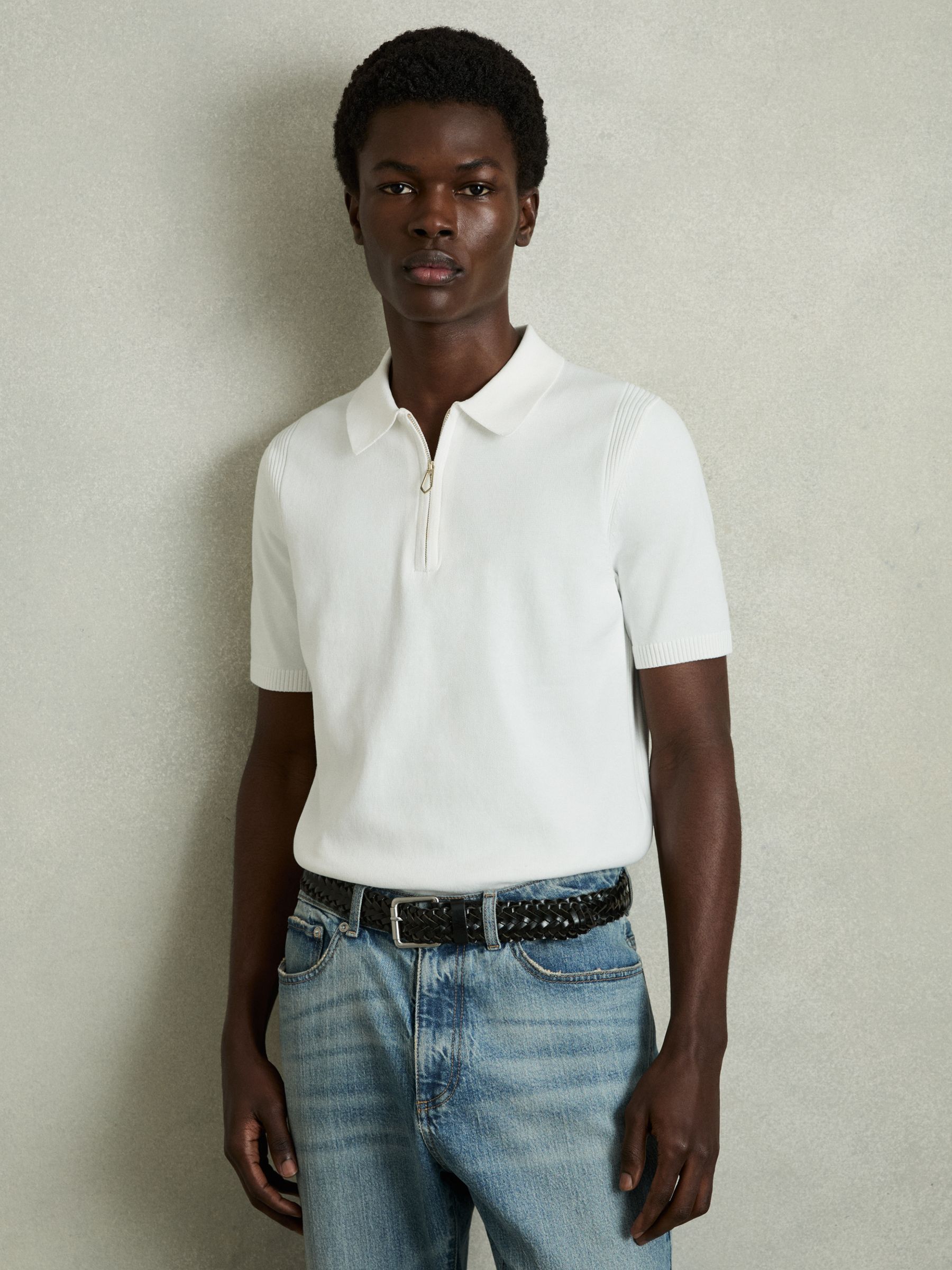 Cotton Half-Zip Knitted Polo Shirt in White - Image 1 of 6