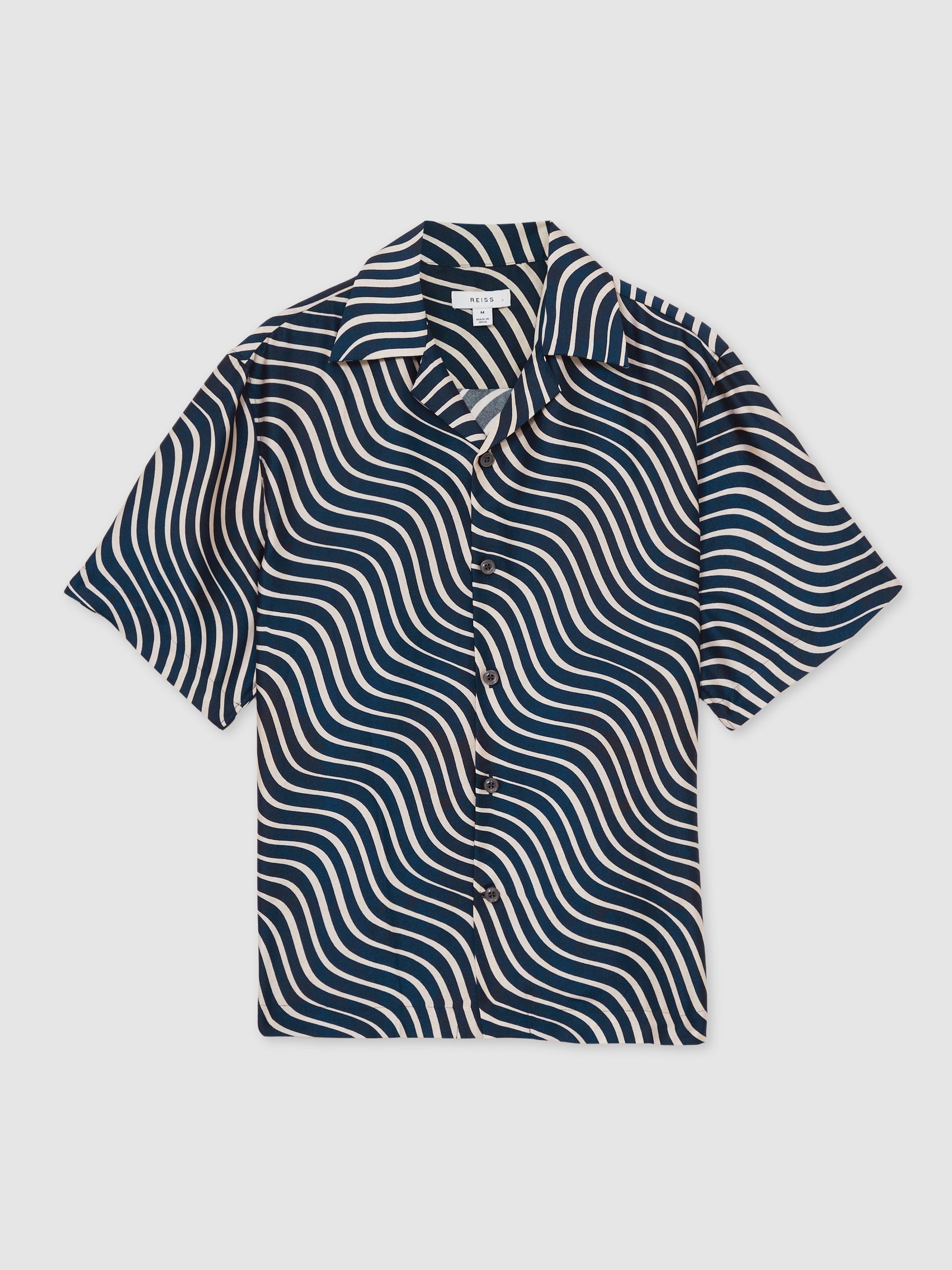 Wave-Print Cuban-Collar Shirt in Navy/ Off White - Image 2 of 6