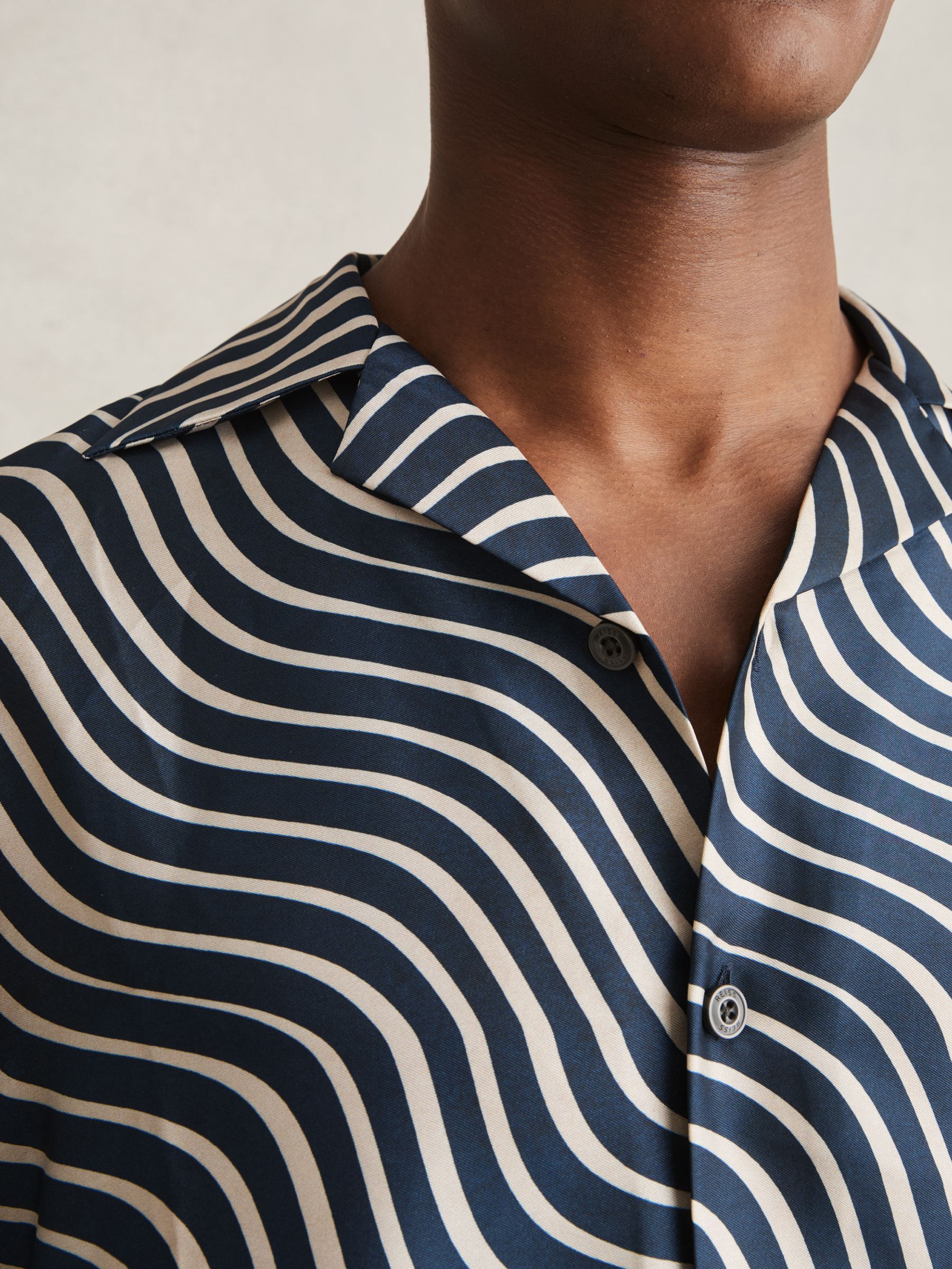 Wave-Print Cuban-Collar Shirt in Navy/ Off White - Image 4 of 6